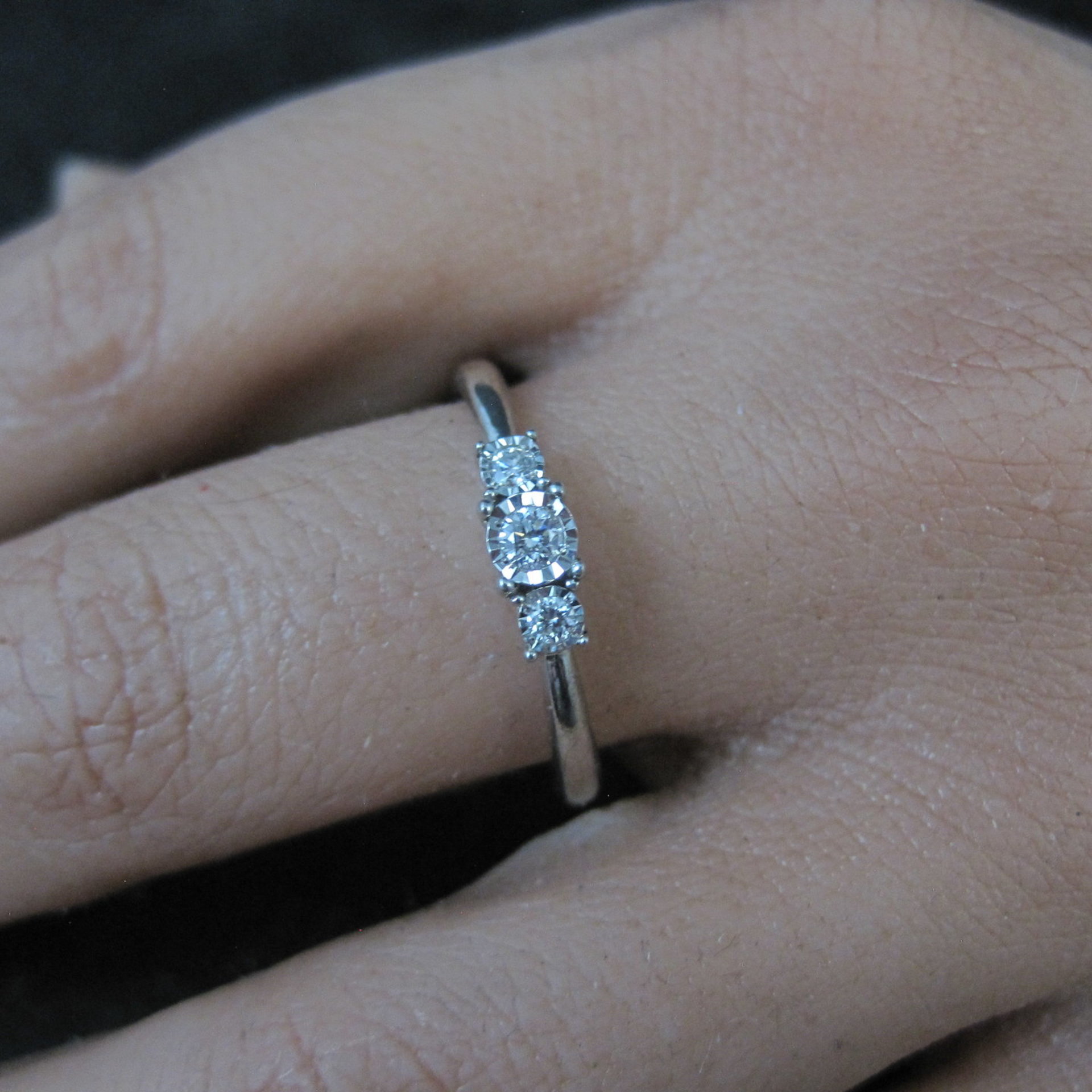 Dainty Sterling Silver 3 Stone Diamond Ring Size 8 