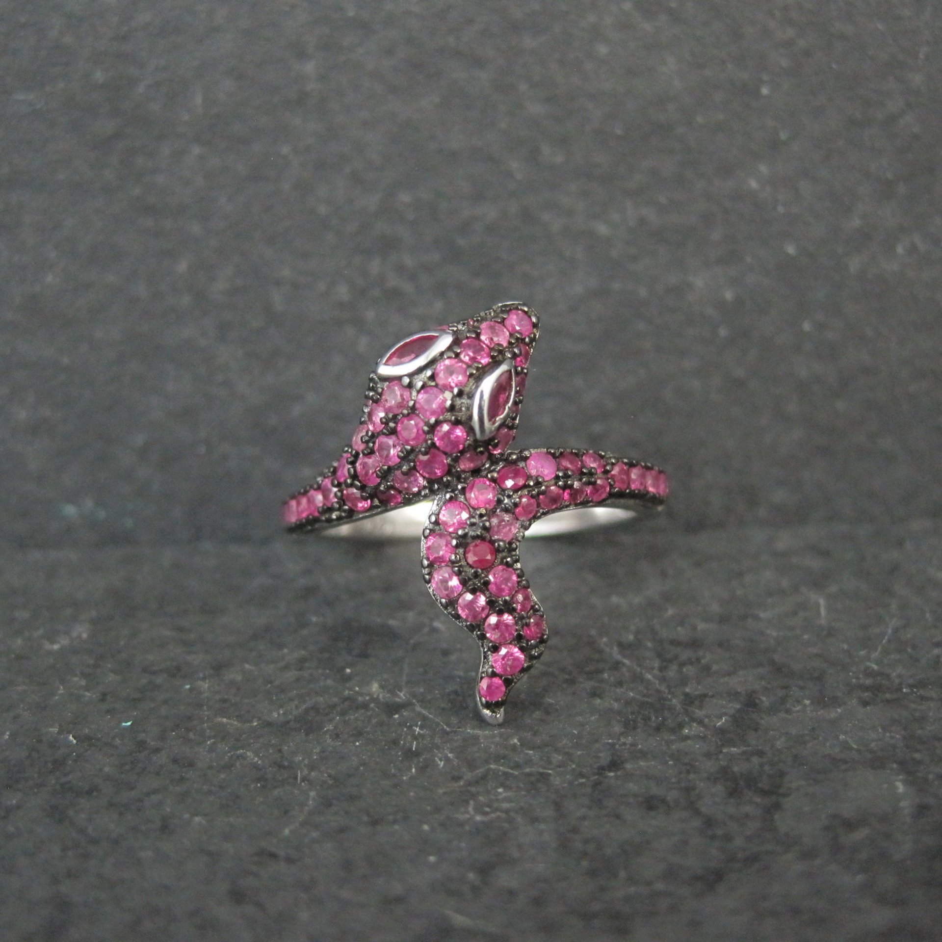 Sterling Silver Snake Ring with Pink Sapphires Size 8