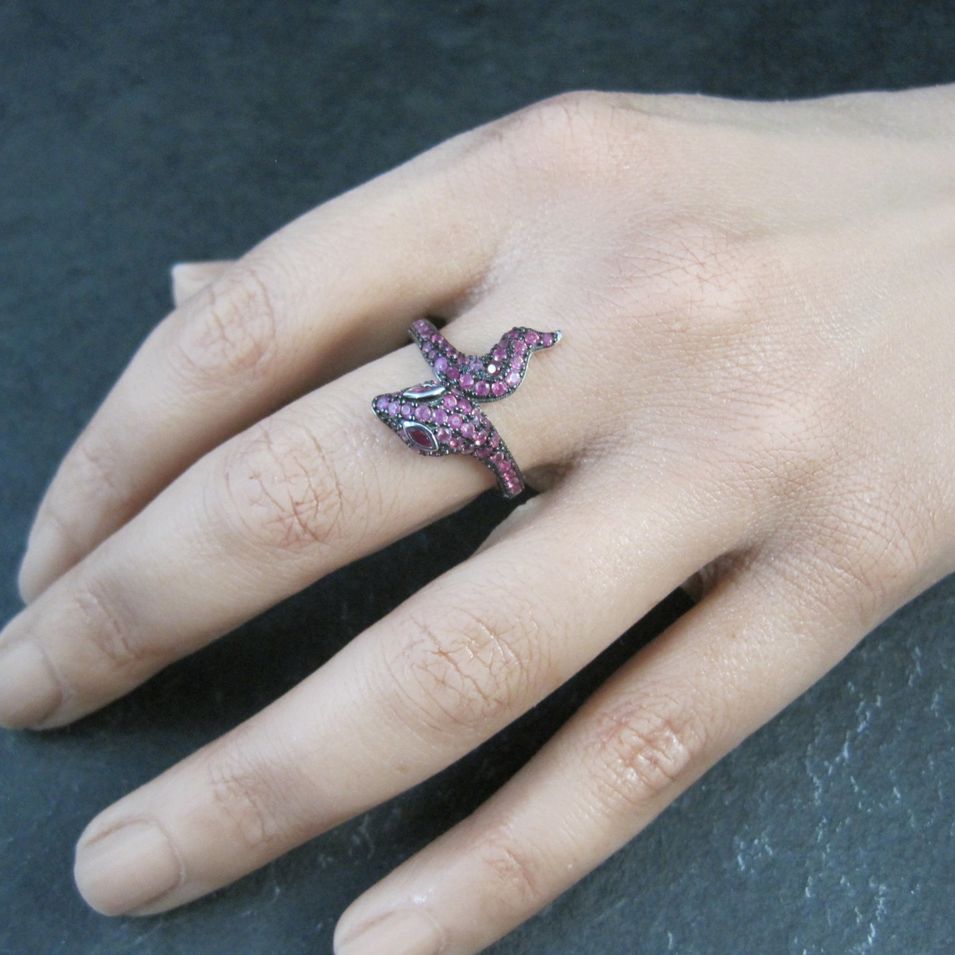 Sterling Silver Snake Ring with Pink Sapphires Size 8