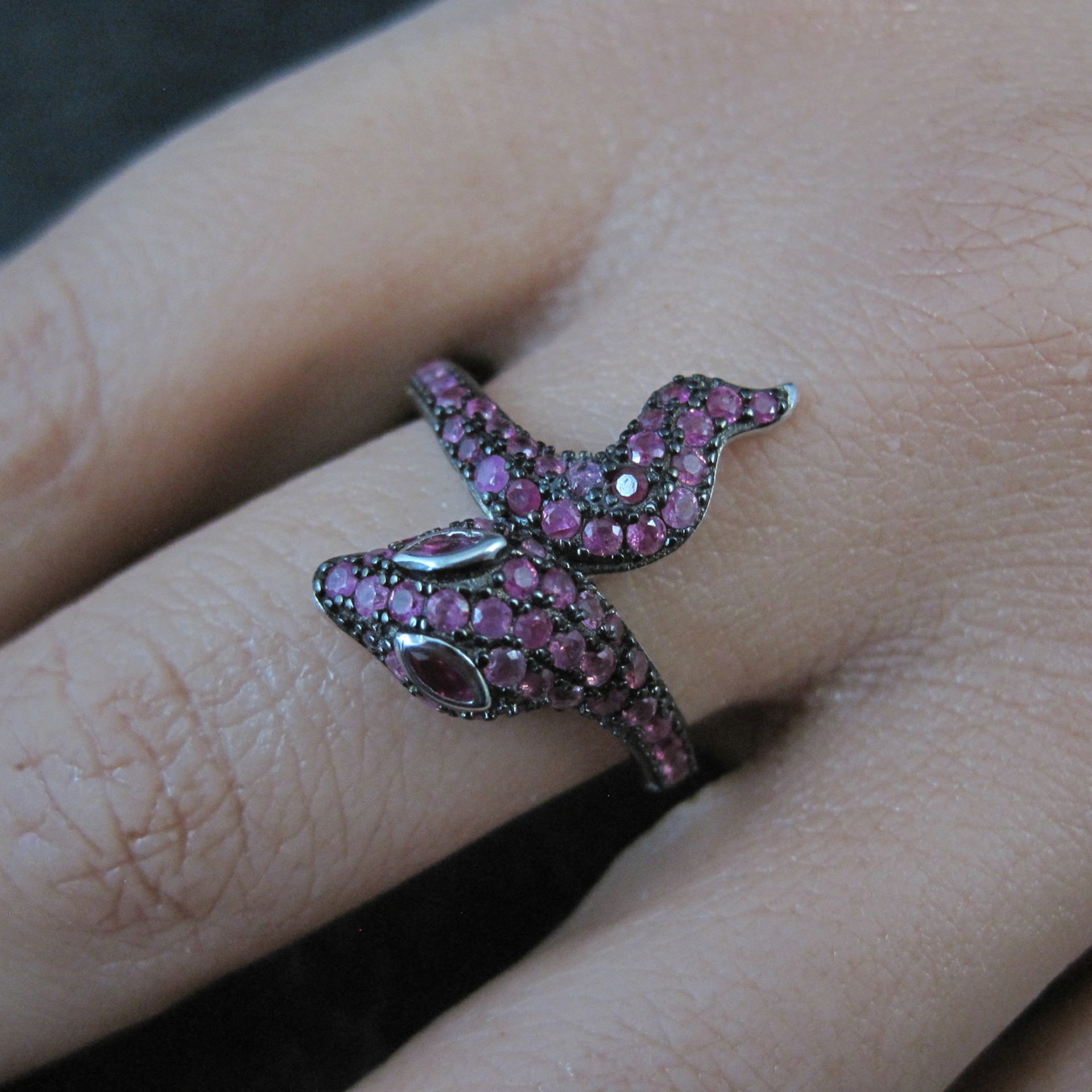 Sterling Silver Snake Ring with Pink Sapphires Size 8