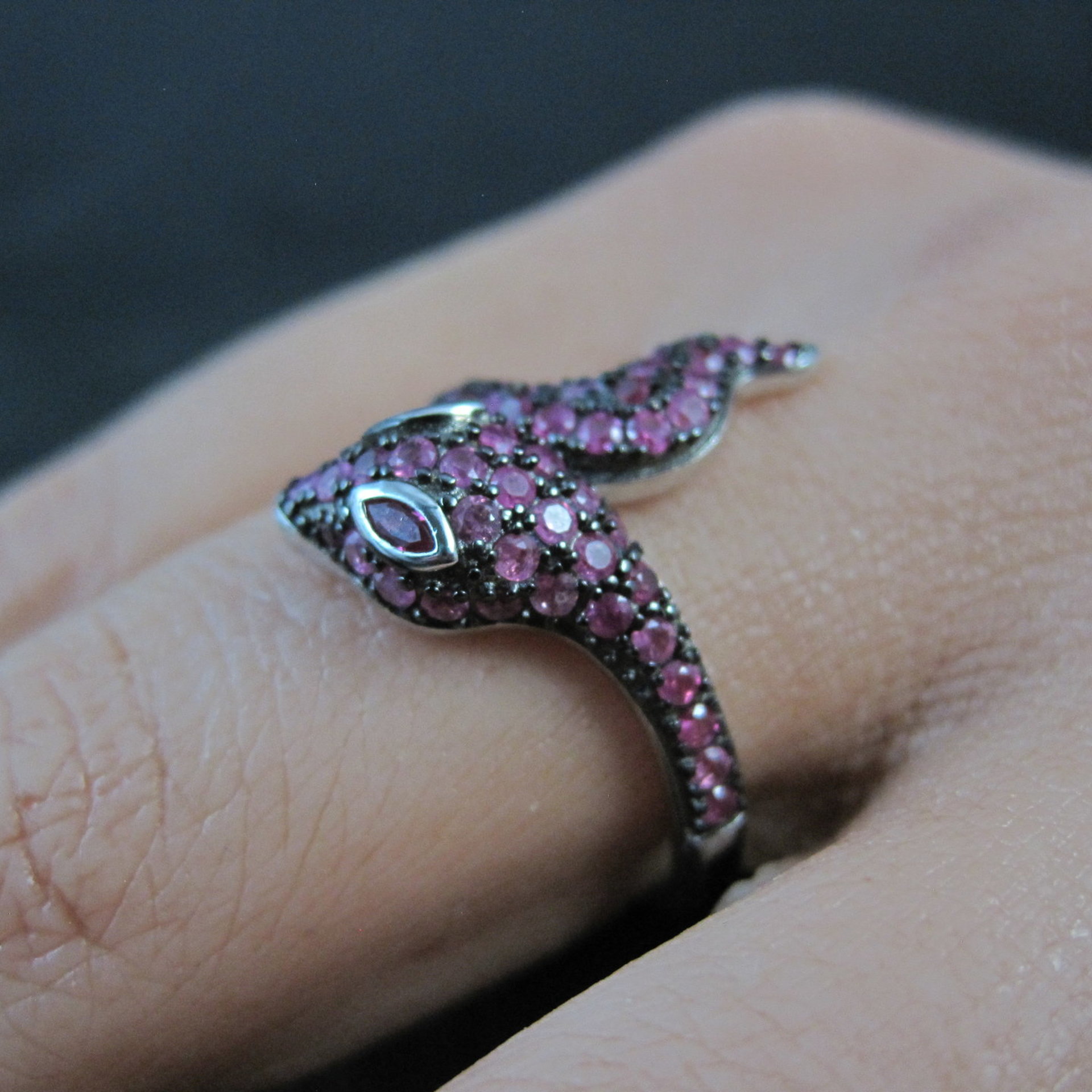 Sterling Silver Snake Ring with Pink Sapphires Size 8