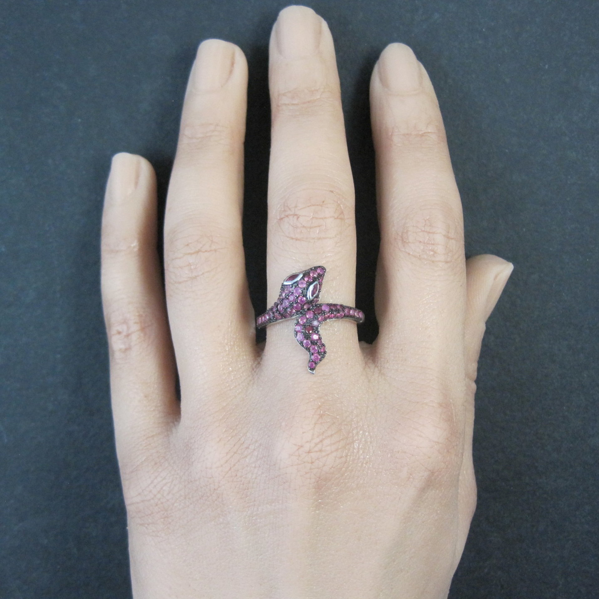 Sterling Silver Snake Ring with Pink Sapphires Size 8