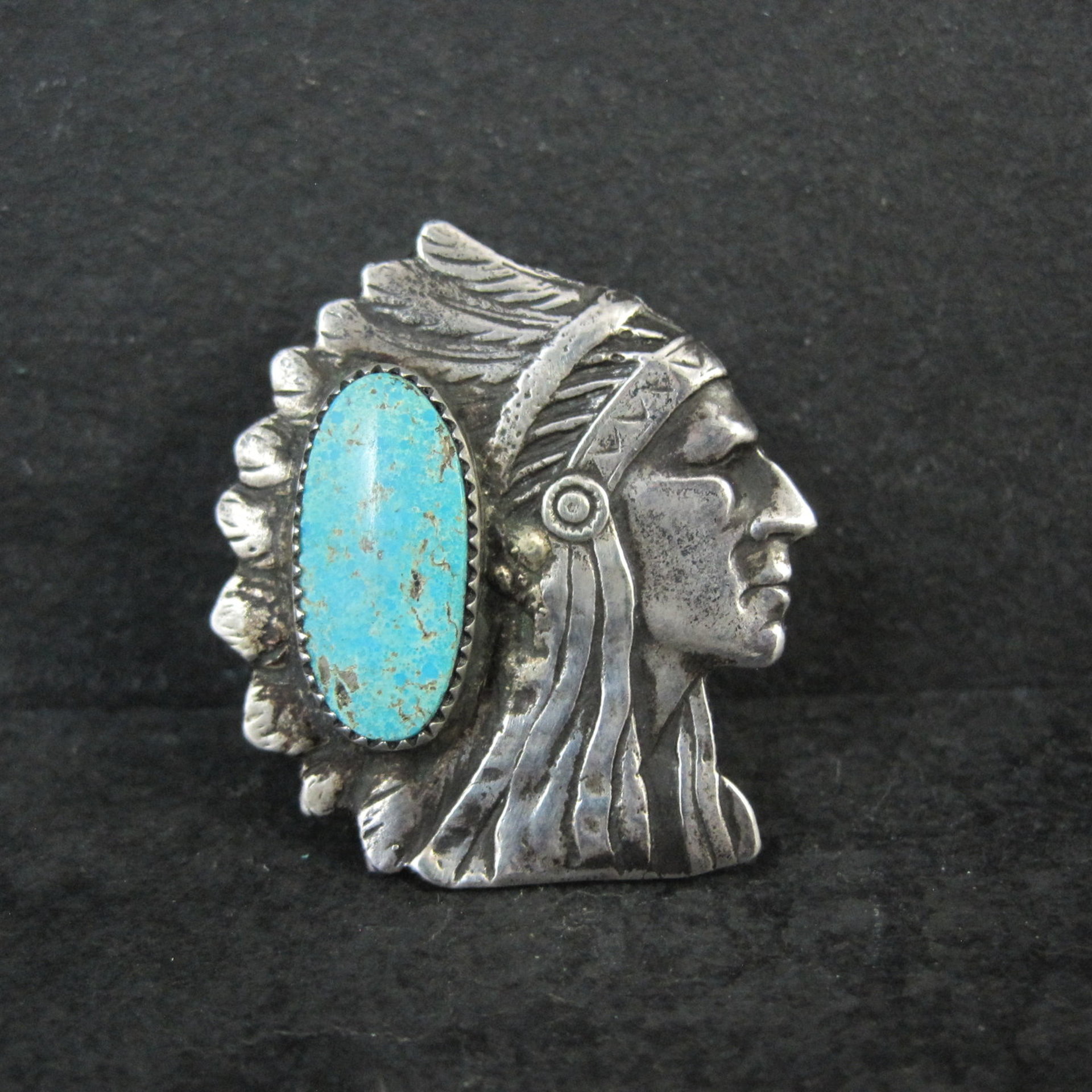 Huge Navajo Turquoise Chieftain Indian Head Ring Size 8