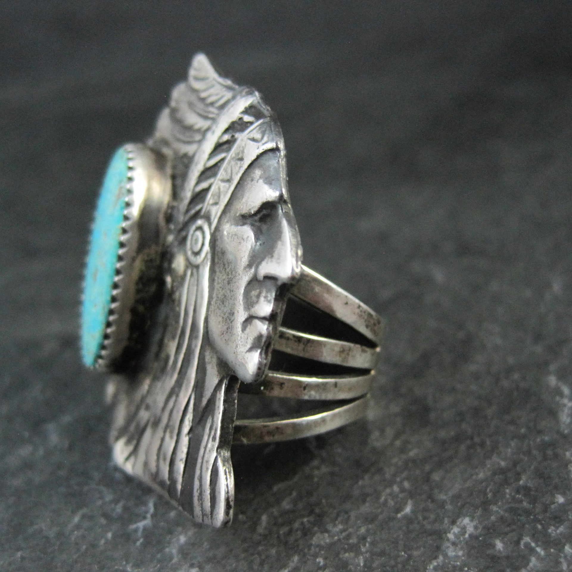 Huge Navajo Turquoise Chieftain Indian Head Ring Size 8