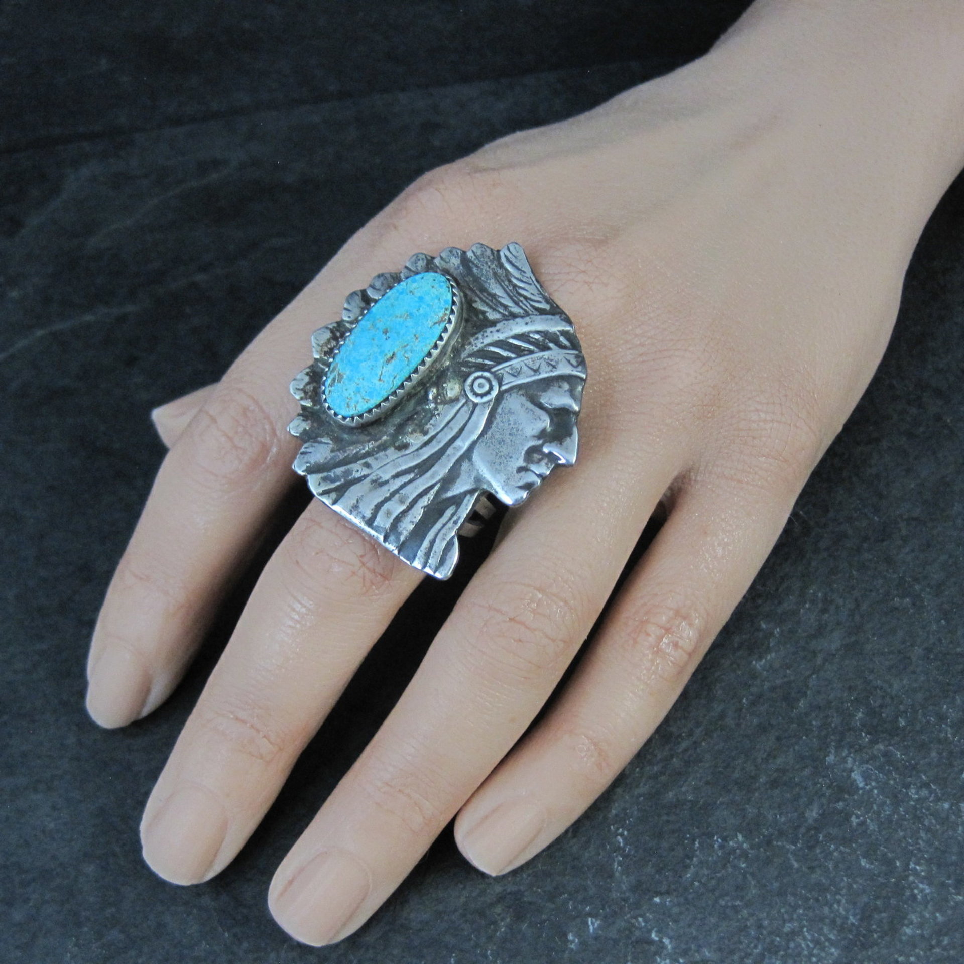 Huge Navajo Turquoise Chieftain Indian Head Ring Size 8