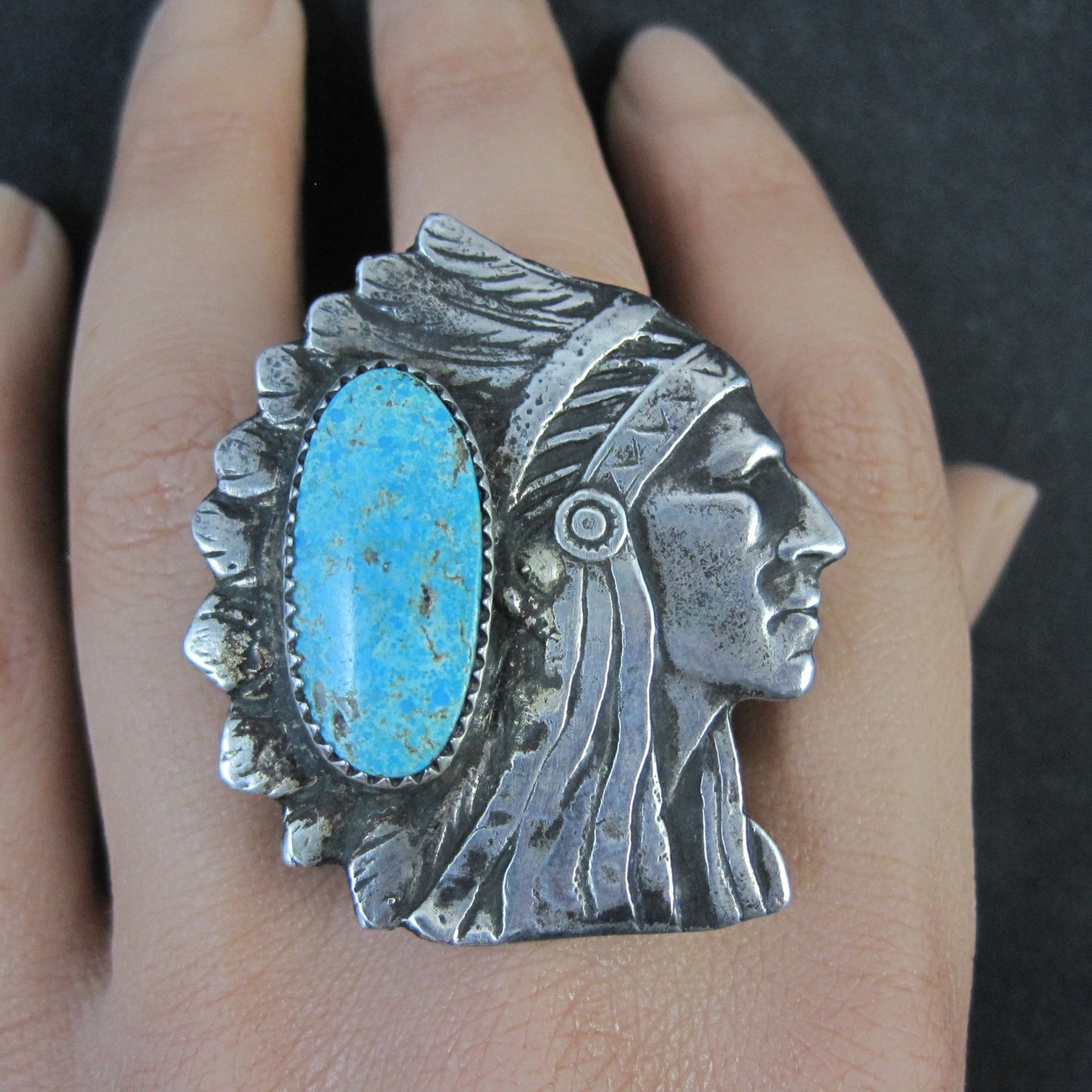 Huge Navajo Turquoise Chieftain Indian Head Ring Size 8
