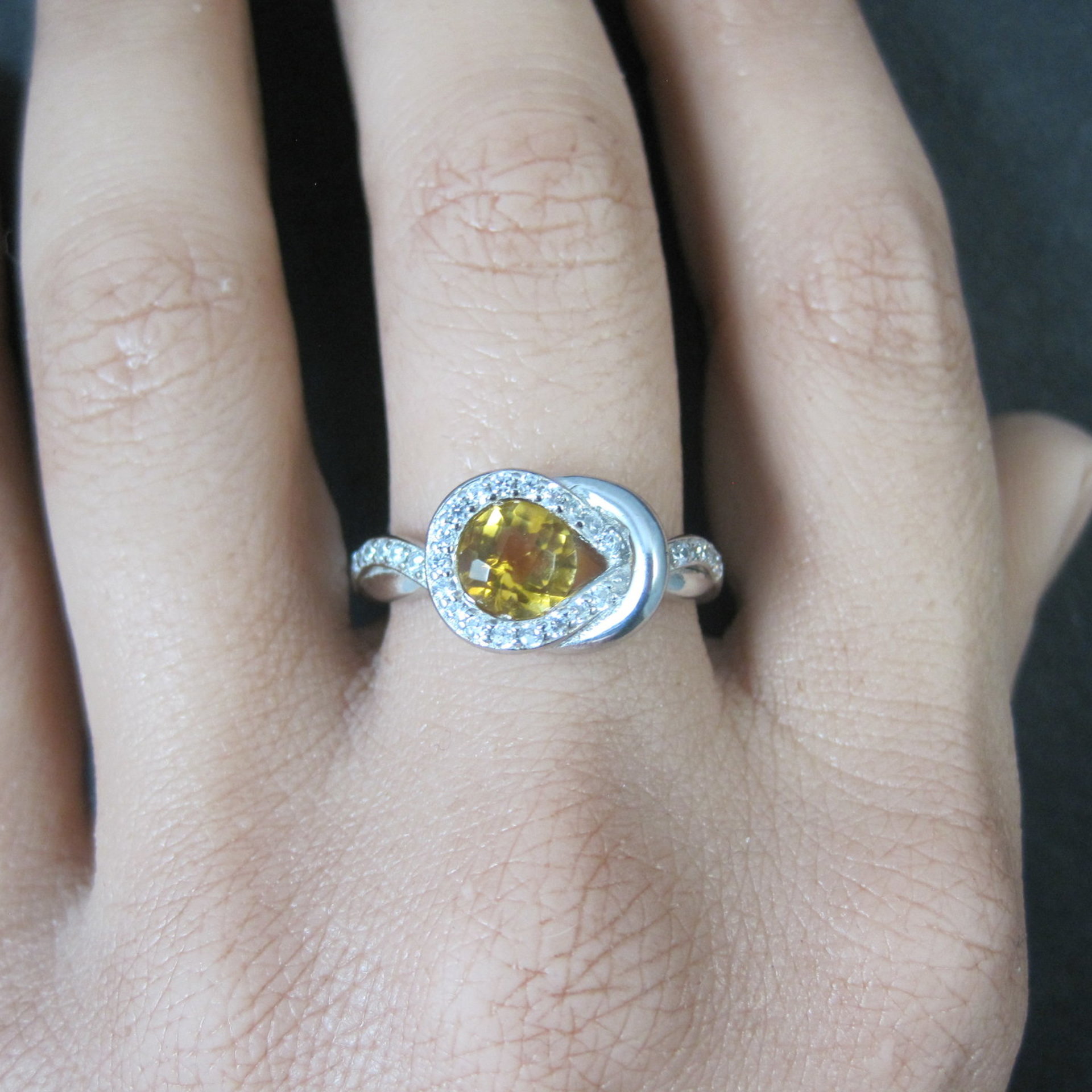 Citrine and White Zircon Ring in Sterling Silver Size 8