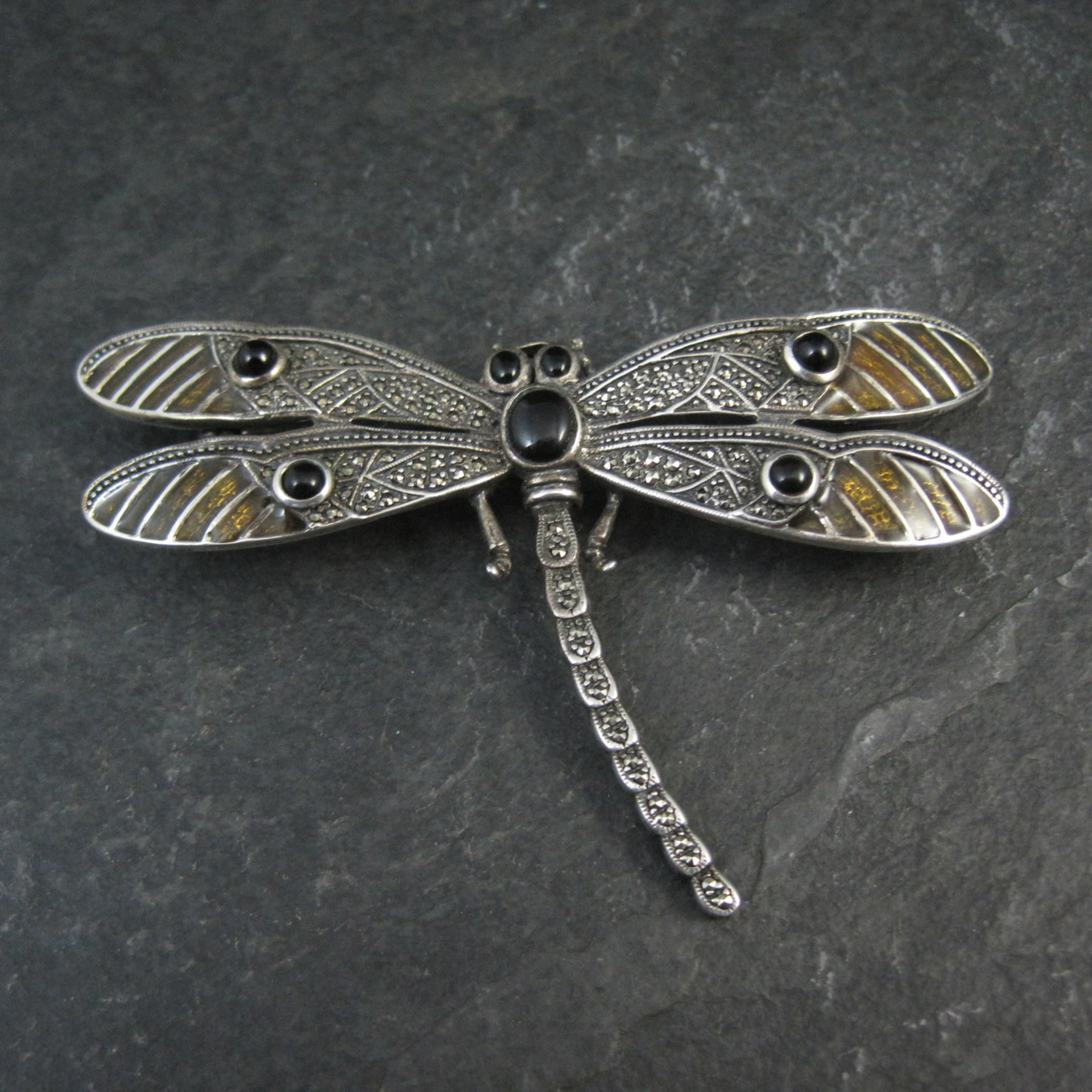 Large Sterling Silver Dragonfly Brooch with Onyx Enamel Marcasites