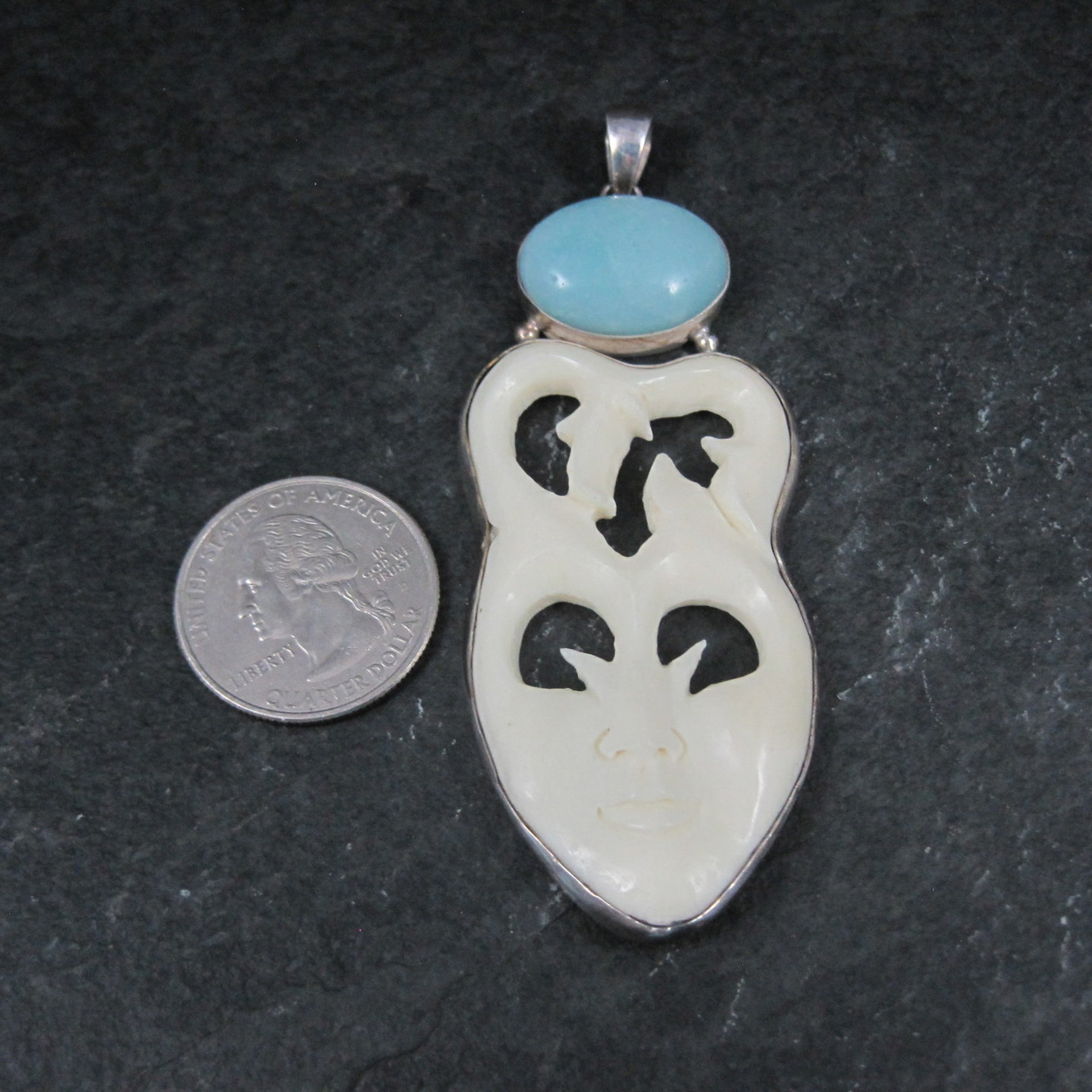 Large Sterling Larimar Bone Face Pendant Unusual Unique