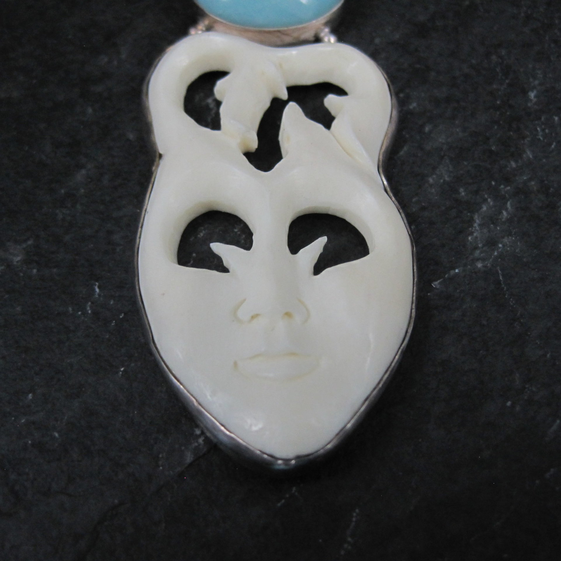 Large Sterling Larimar Bone Face Pendant Unusual Unique