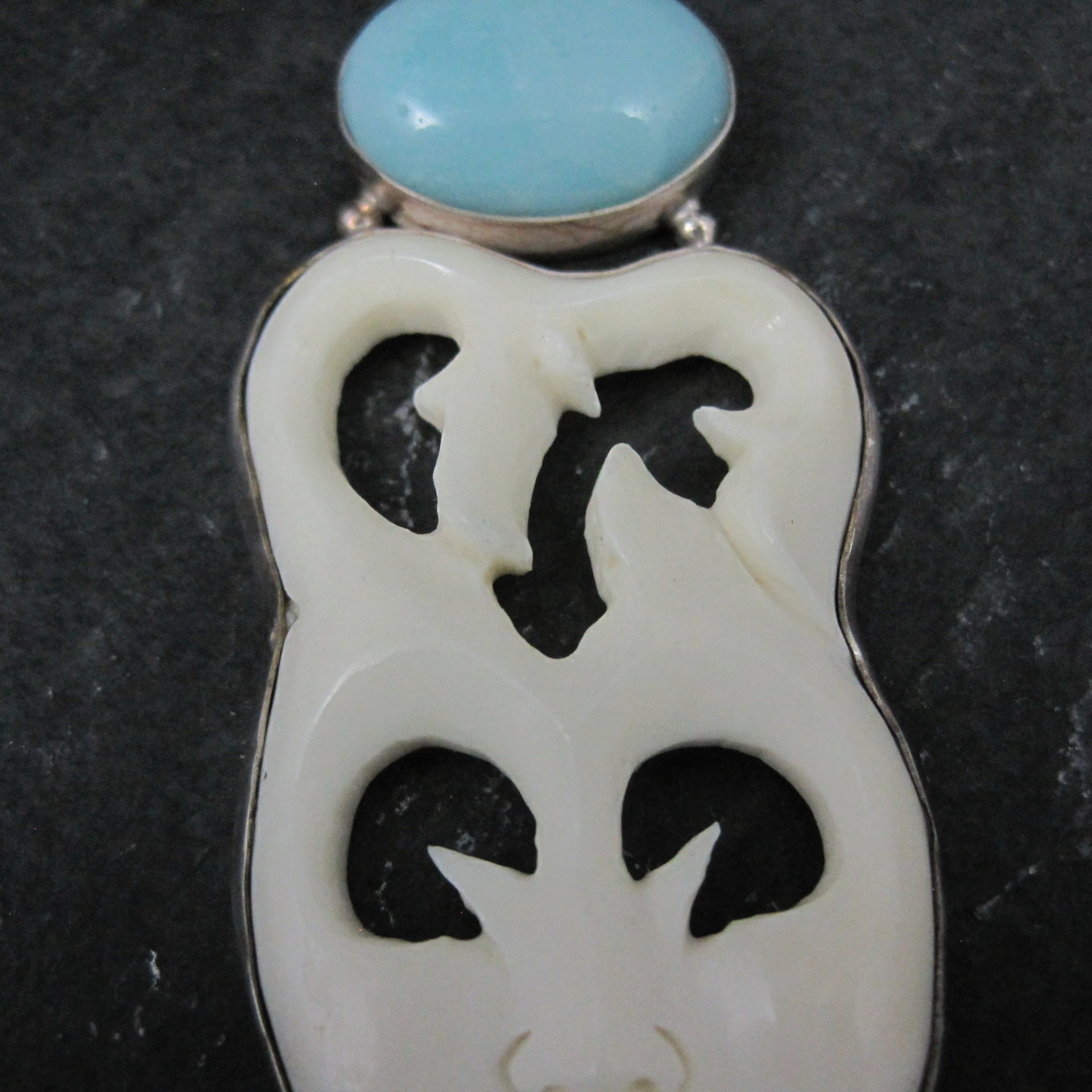 Large Sterling Larimar Bone Face Pendant Unusual Unique