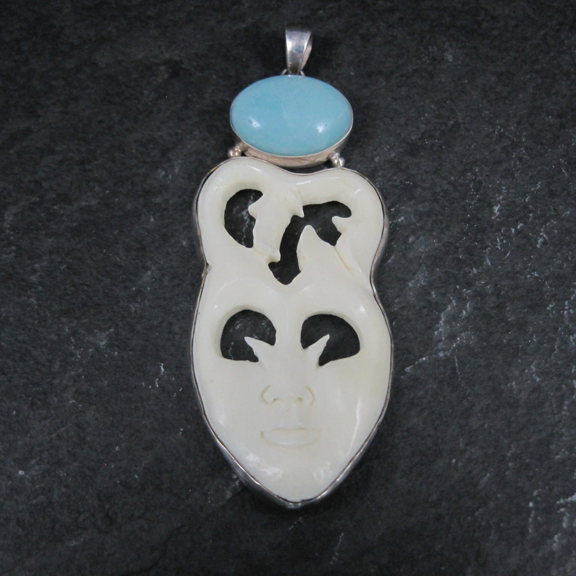 Large Sterling Larimar Bone Face Pendant Unusual Unique