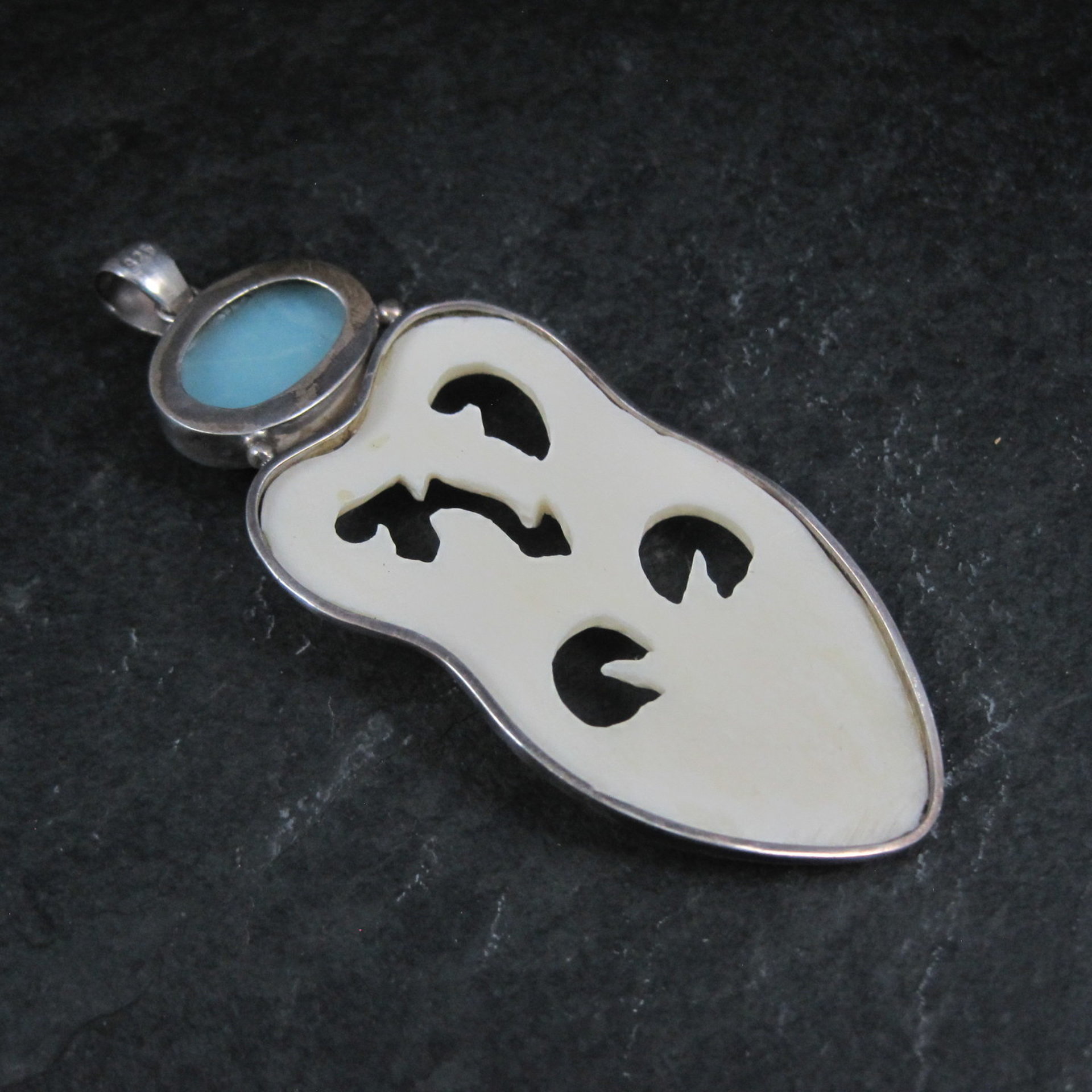 Large Sterling Larimar Bone Face Pendant Unusual Unique