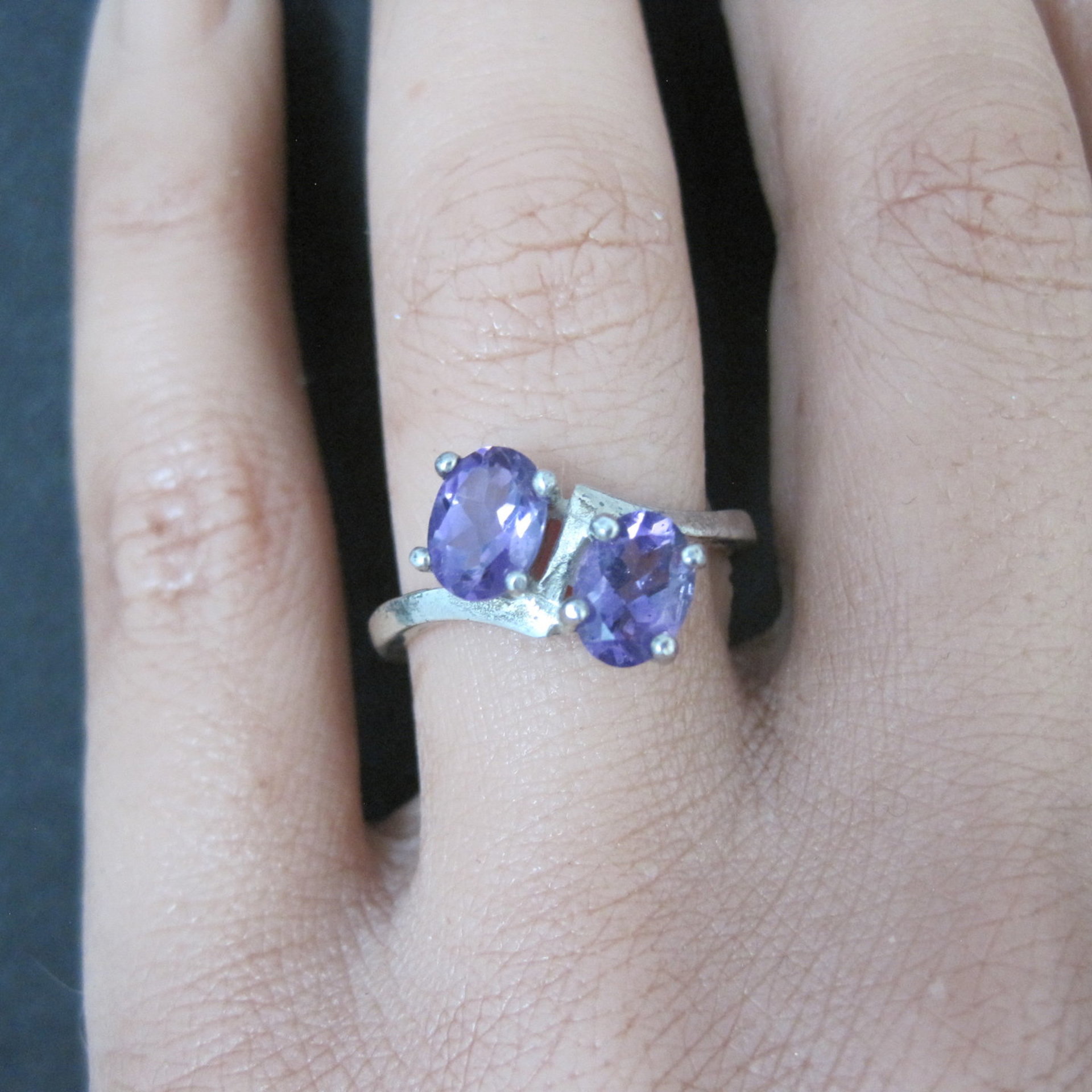 Toi et Moi Amethyst and Sterling Silver Ring Size 6