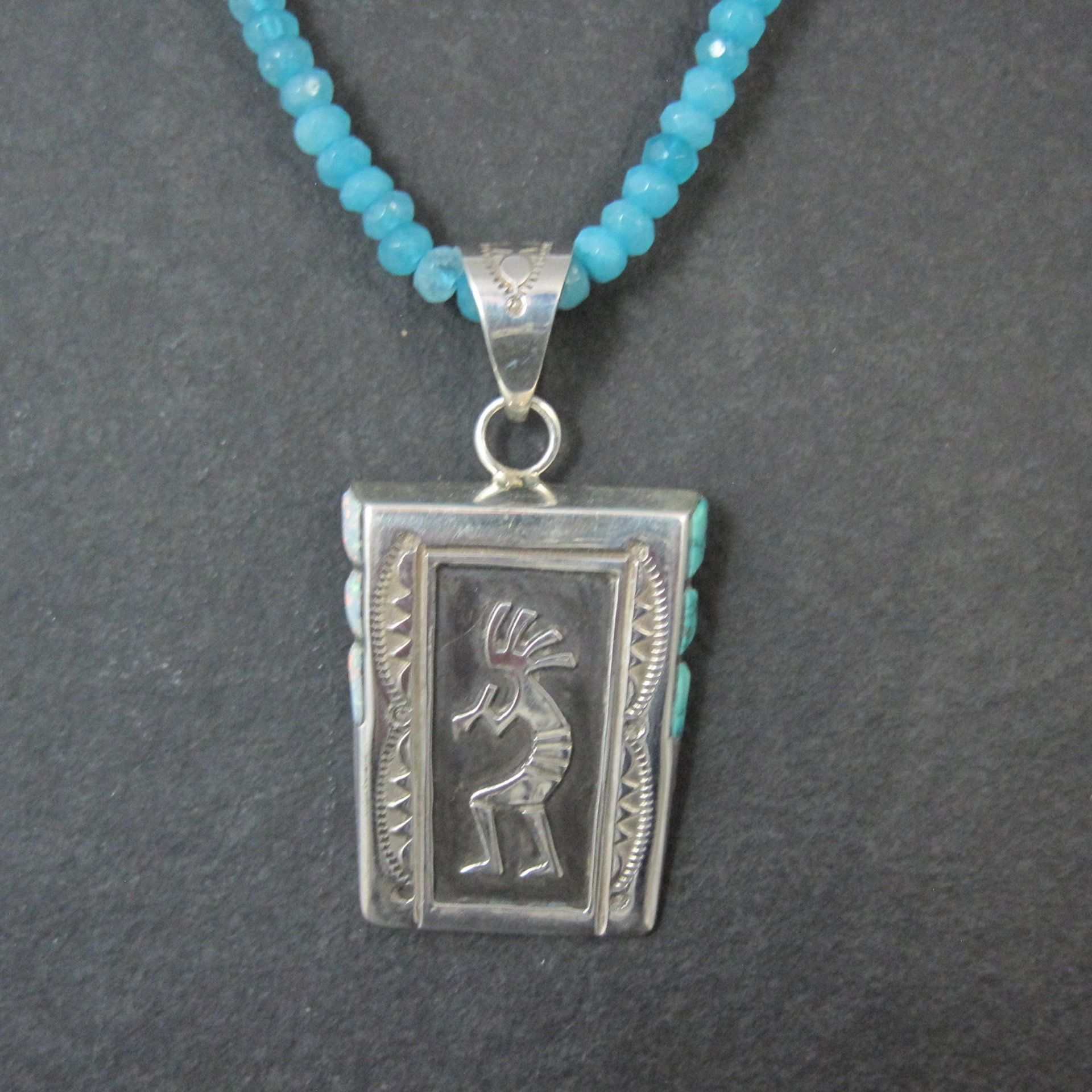 Vintage Navajo Turquoise Opal Kokopelli Pendant on Apatite Bead Necklace Leonard Jim