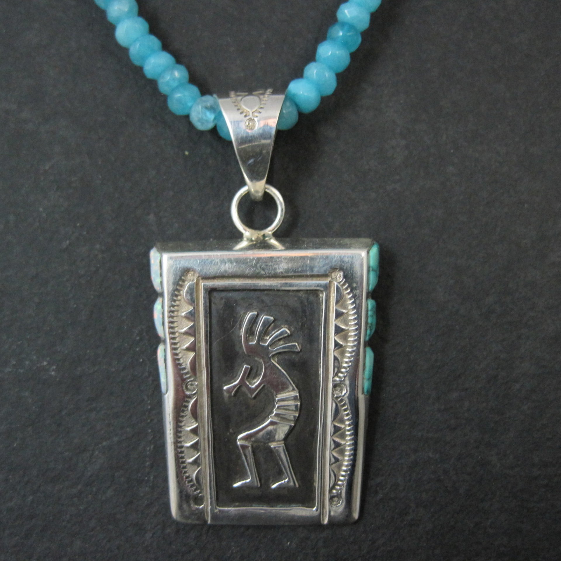 Vintage Navajo Turquoise Opal Kokopelli Pendant on Apatite Bead Necklace Leonard Jim
