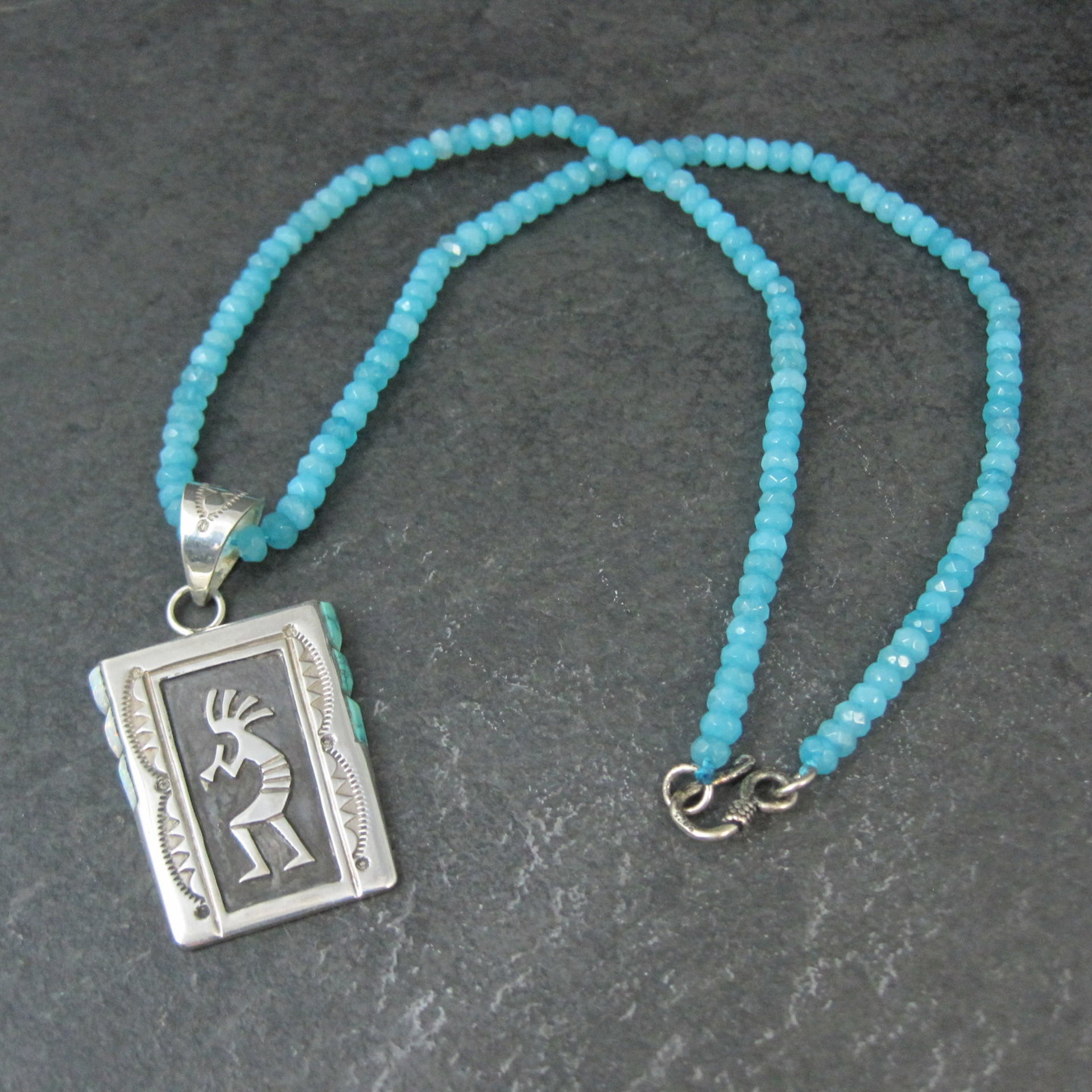 Vintage Navajo Turquoise Opal Kokopelli Pendant on Apatite Bead Necklace Leonard Jim