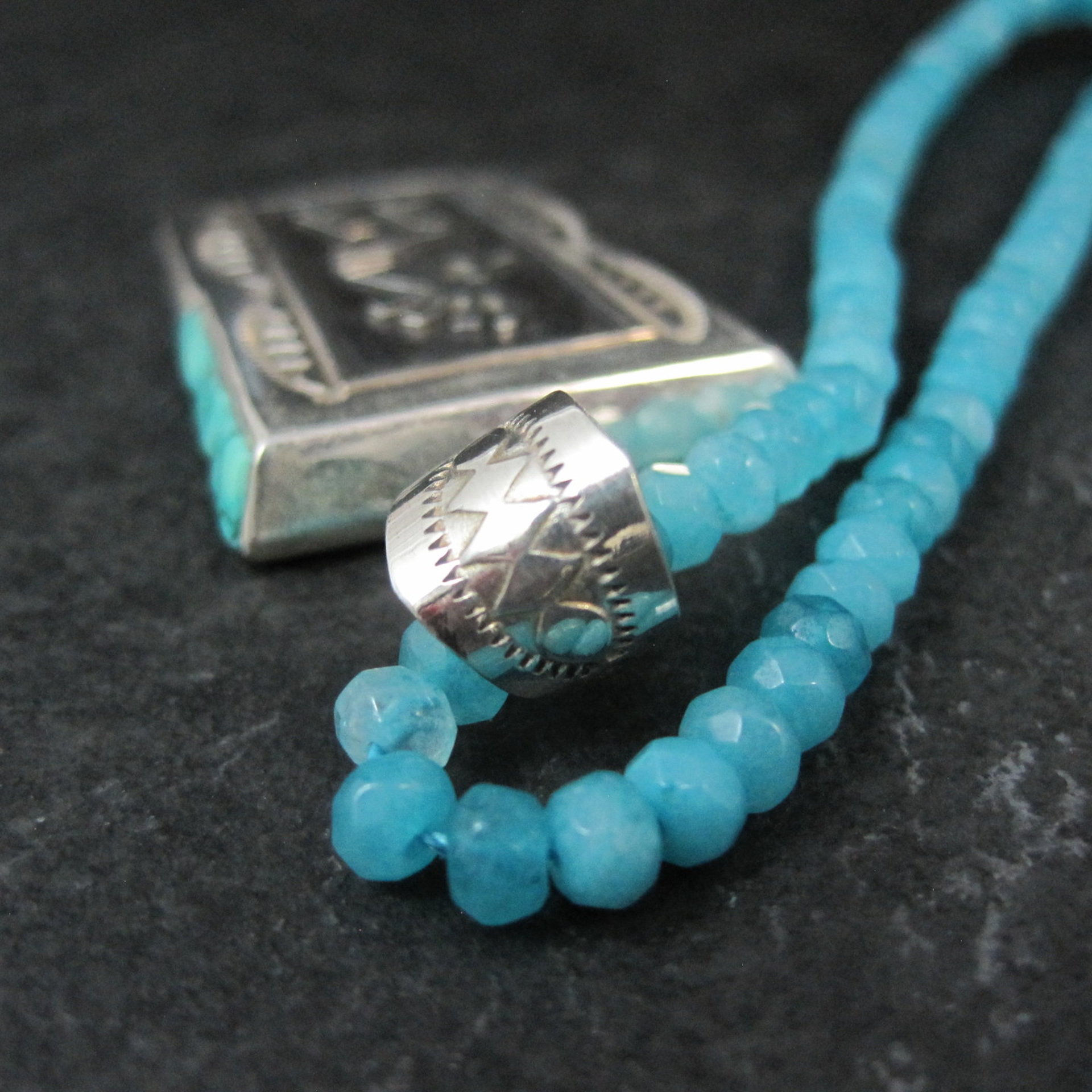 Vintage Navajo Turquoise Opal Kokopelli Pendant on Apatite Bead Necklace Leonard Jim