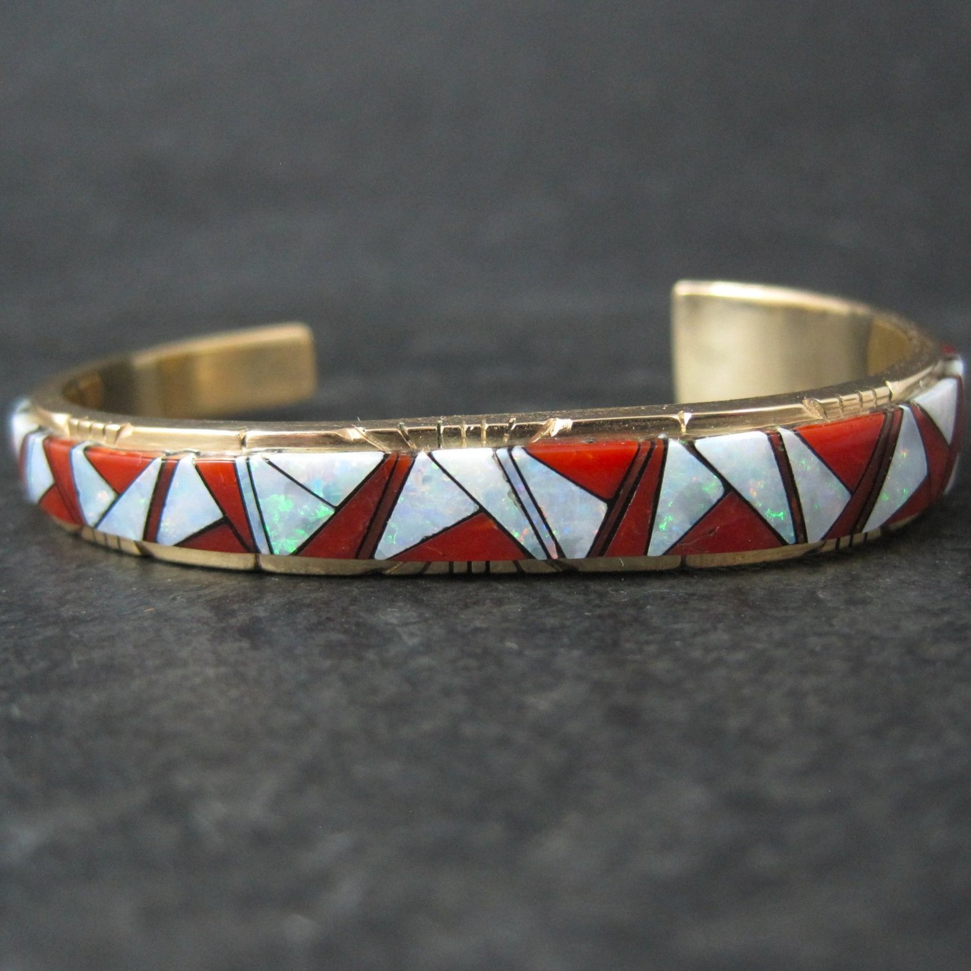 Vintage 14K Coral Opal Inlay Cuff Bracelet 5.75 Inches