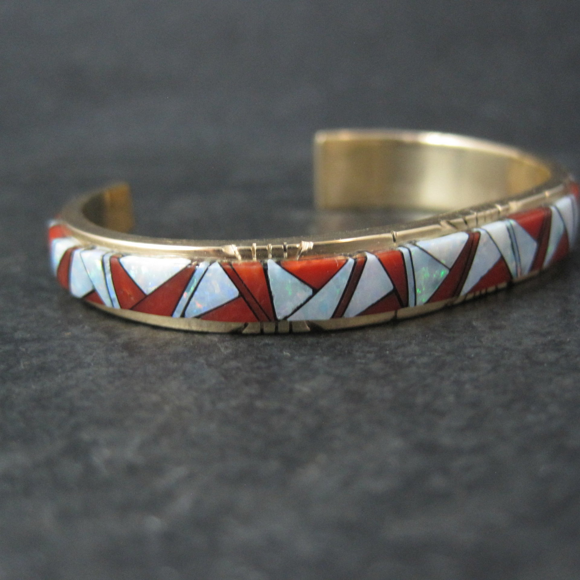 Vintage 14K Coral Opal Inlay Cuff Bracelet 5.75 Inches