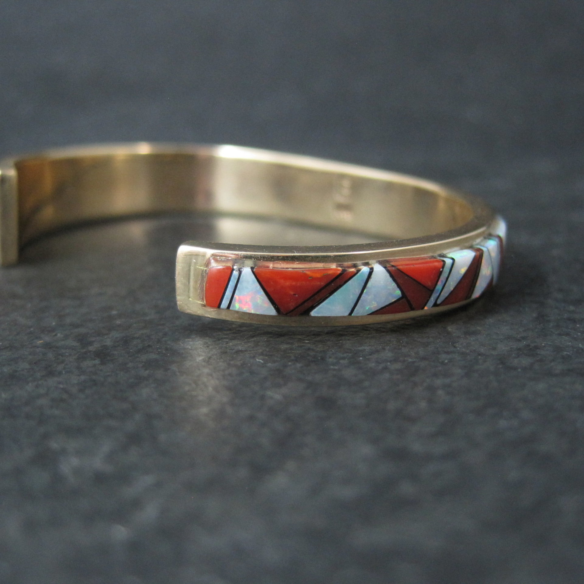 Vintage 14K Coral Opal Inlay Cuff Bracelet 5.75 Inches