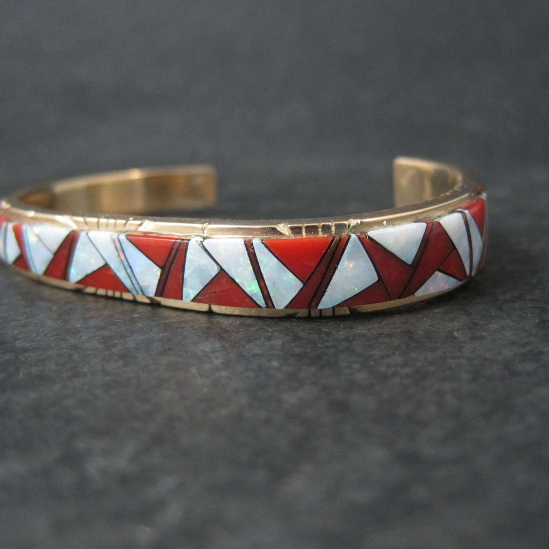 Vintage 14K Coral Opal Inlay Cuff Bracelet 5.75 Inches