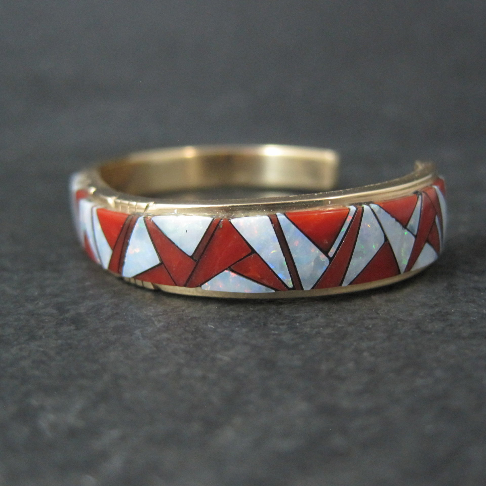 Vintage 14K Coral Opal Inlay Cuff Bracelet 5.75 Inches