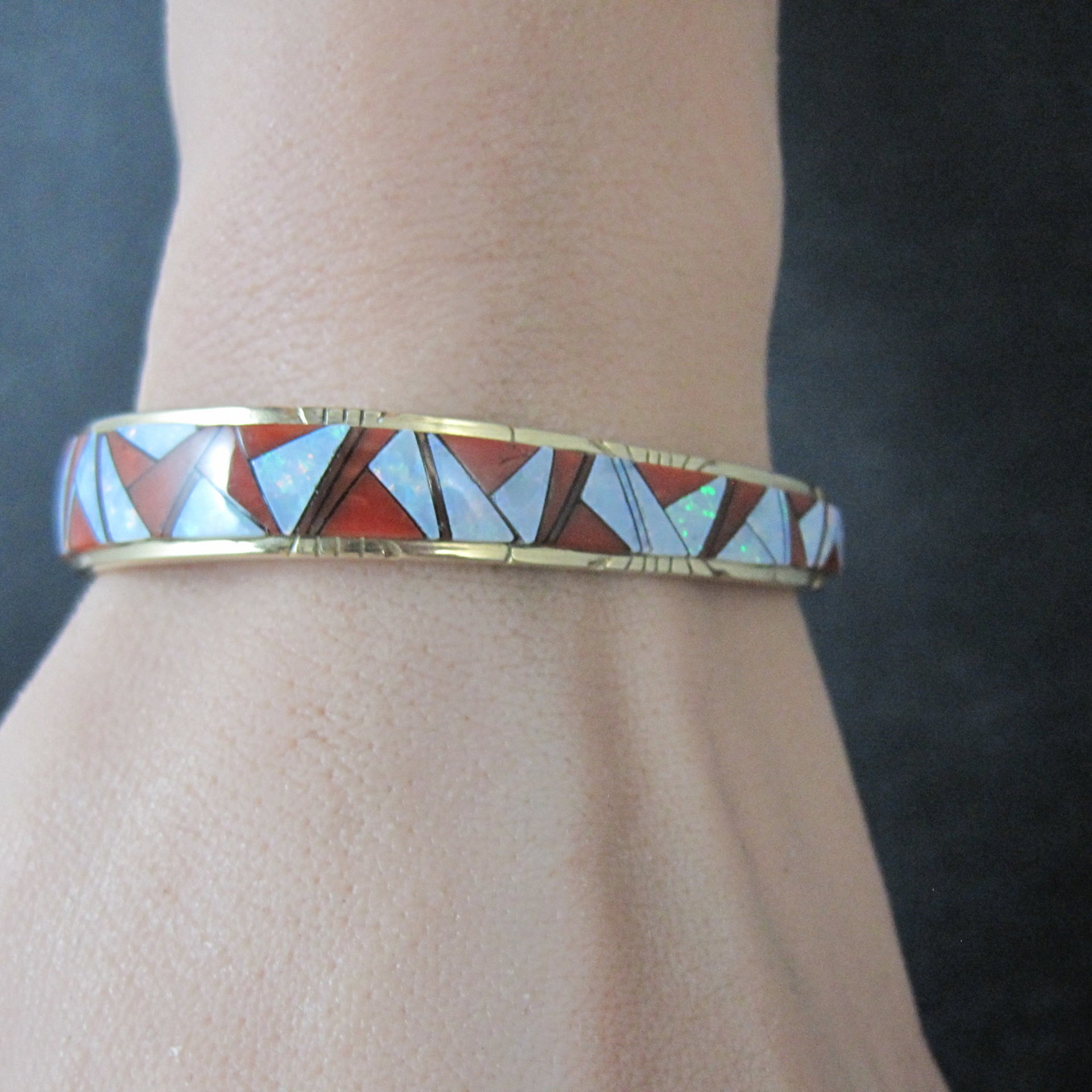 Vintage 14K Coral Opal Inlay Cuff Bracelet 5.75 Inches