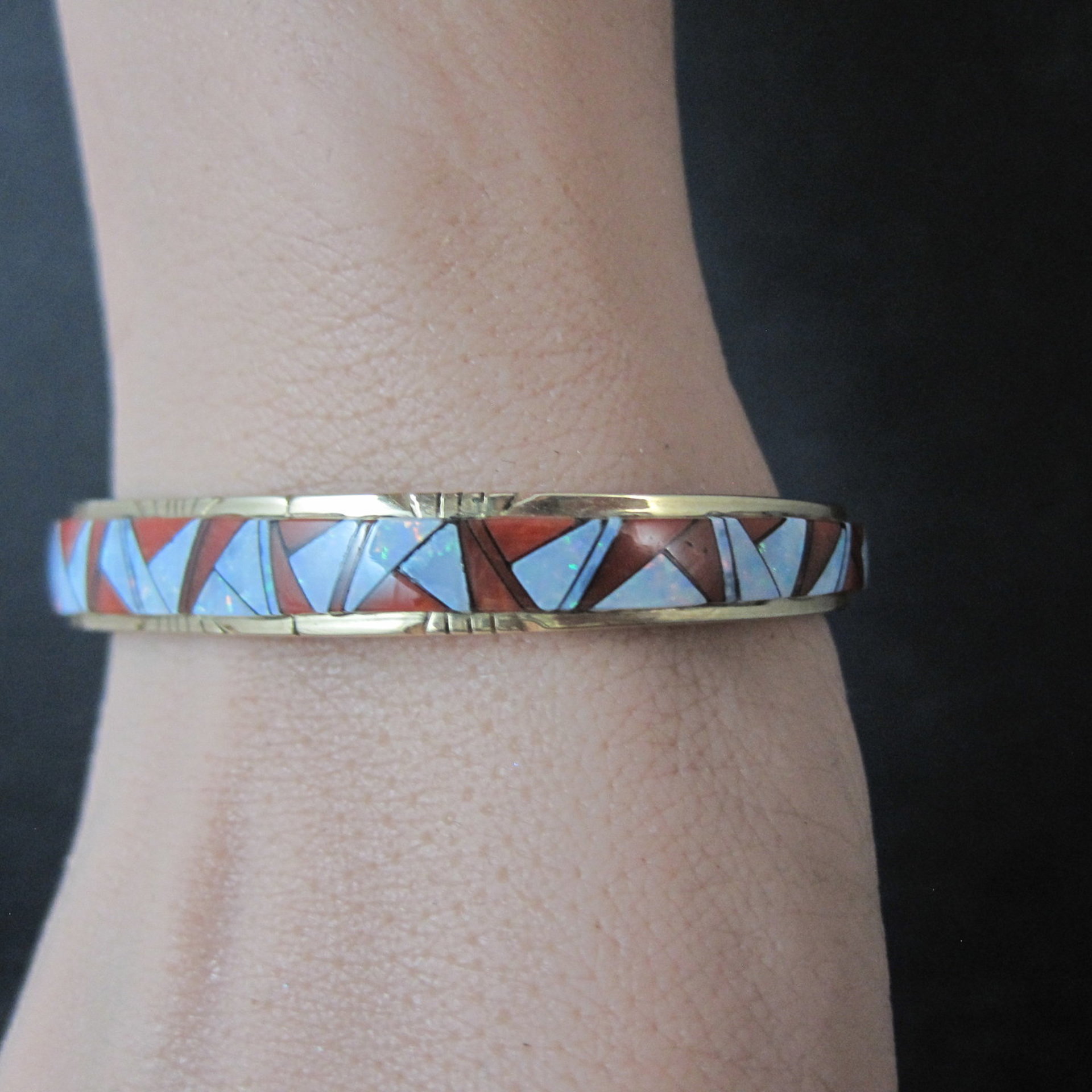 Vintage 14K Coral Opal Inlay Cuff Bracelet 5.75 Inches