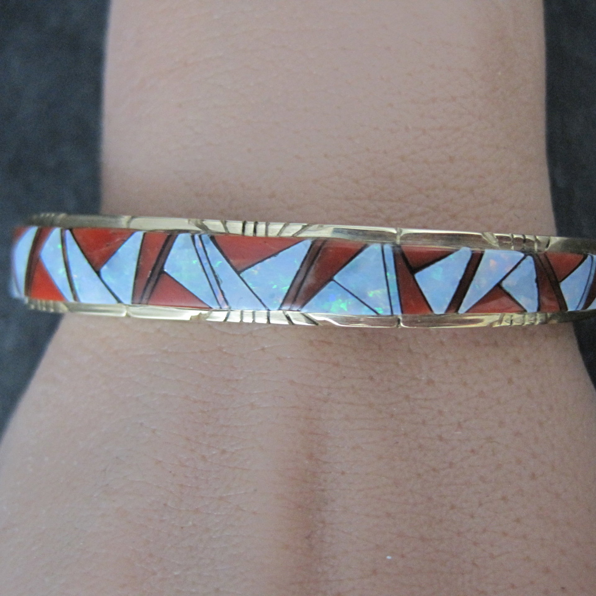 Vintage 14K Coral Opal Inlay Cuff Bracelet 5.75 Inches