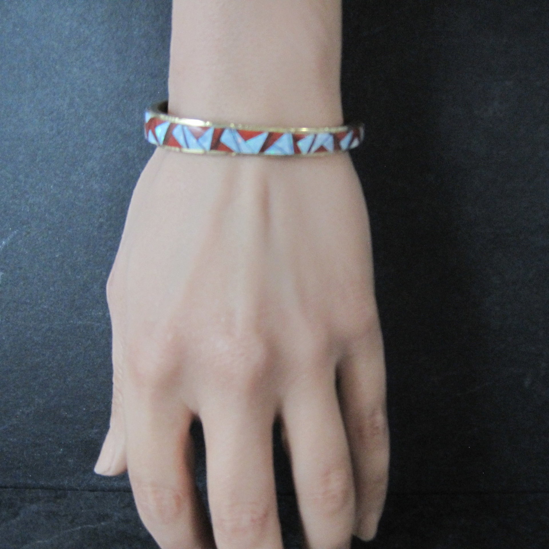 Vintage 14K Coral Opal Inlay Cuff Bracelet 5.75 Inches