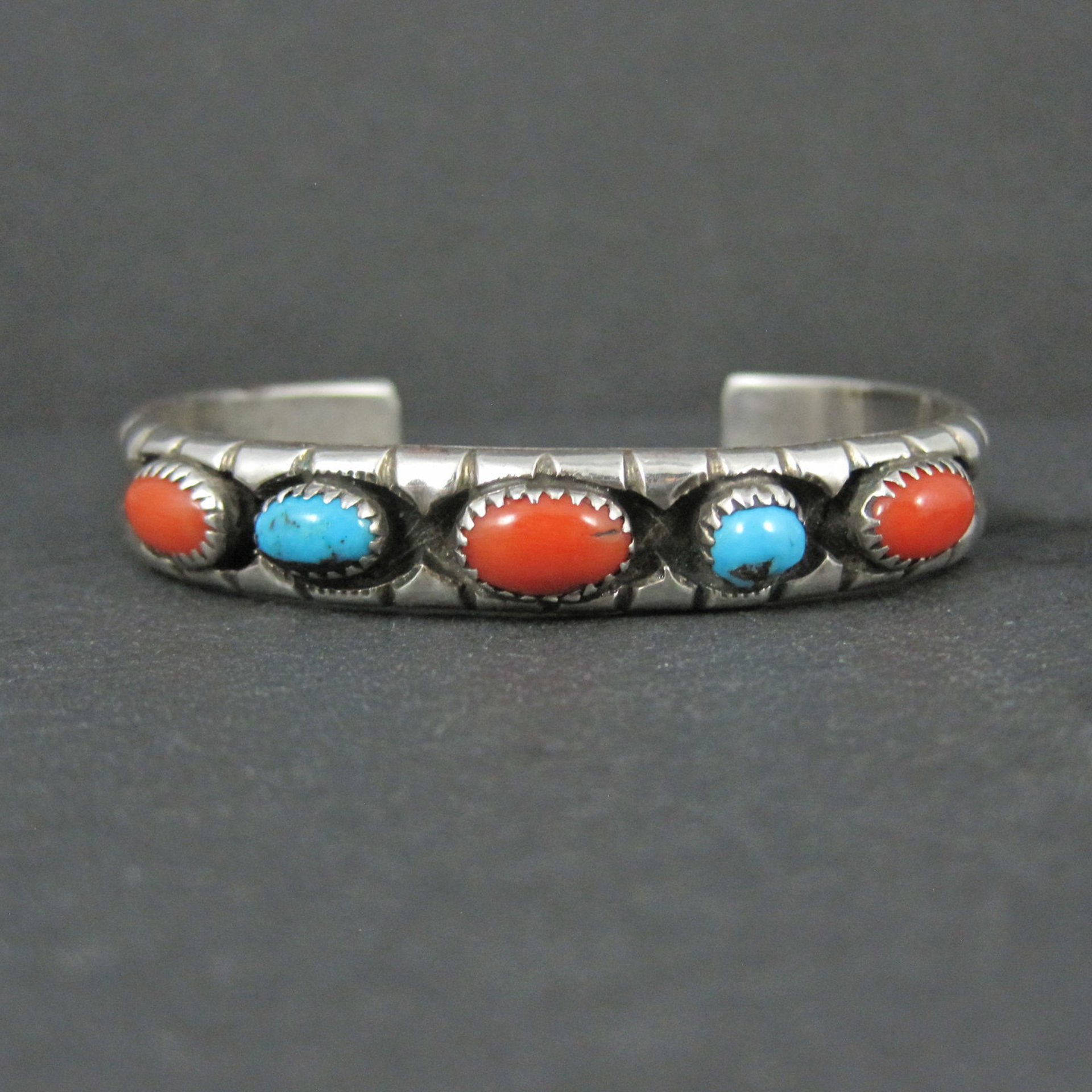 Vintage Navajo Turquoise and Coral Cuff Bracelet Sterling Silver 6.25" Eunice Claw