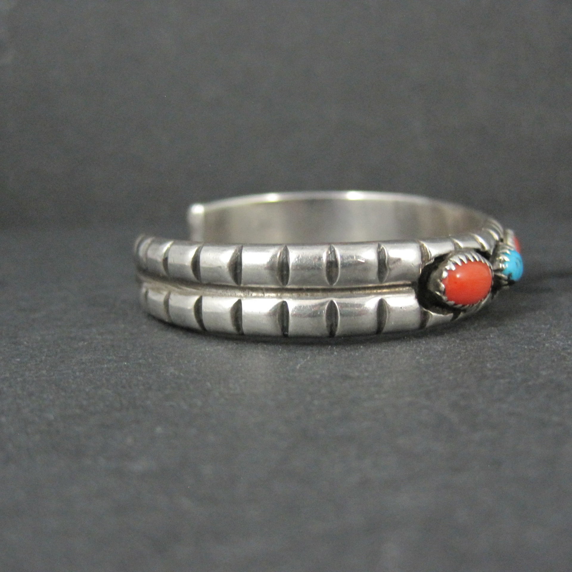 Vintage Navajo Turquoise and Coral Cuff Bracelet Sterling Silver 6.25" Eunice Claw
