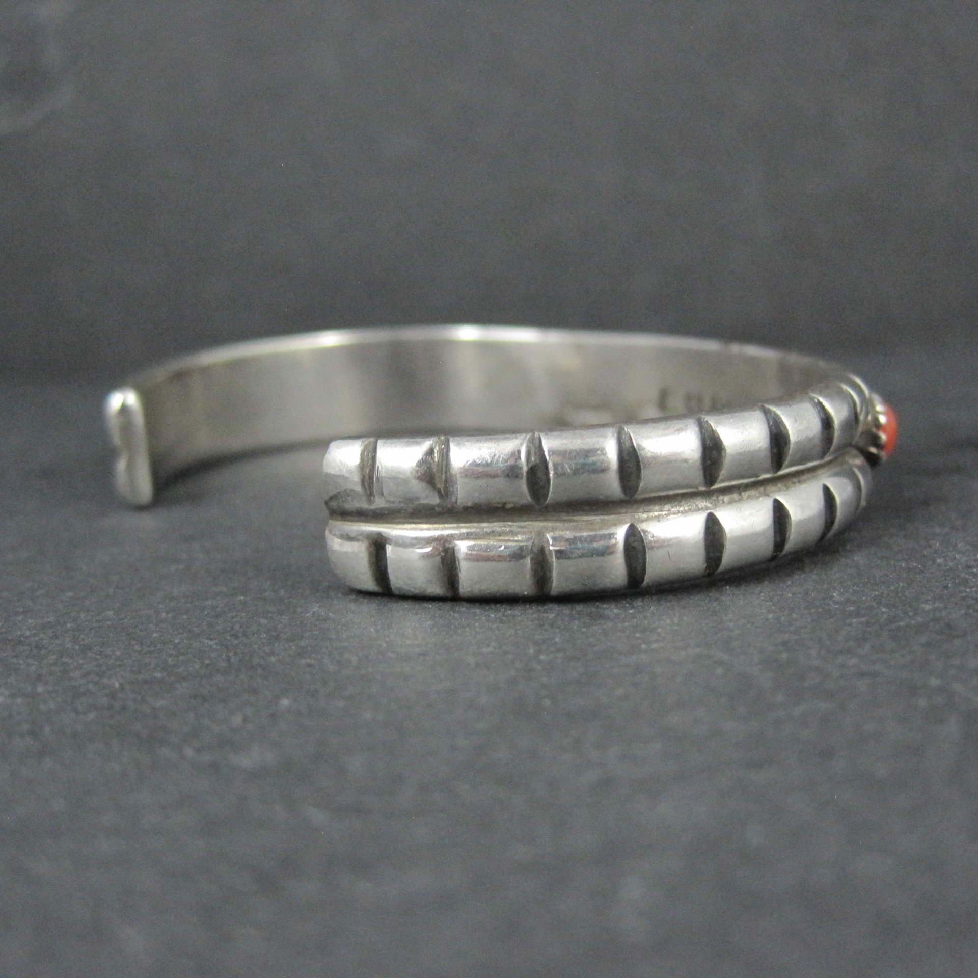 Vintage Navajo Turquoise and Coral Cuff Bracelet Sterling Silver 6.25" Eunice Claw