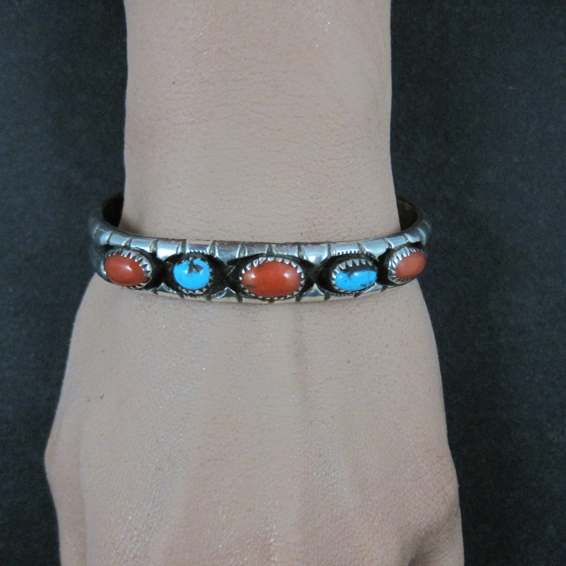 Vintage Navajo Turquoise and Coral Cuff Bracelet Sterling Silver 6.25" Eunice Claw