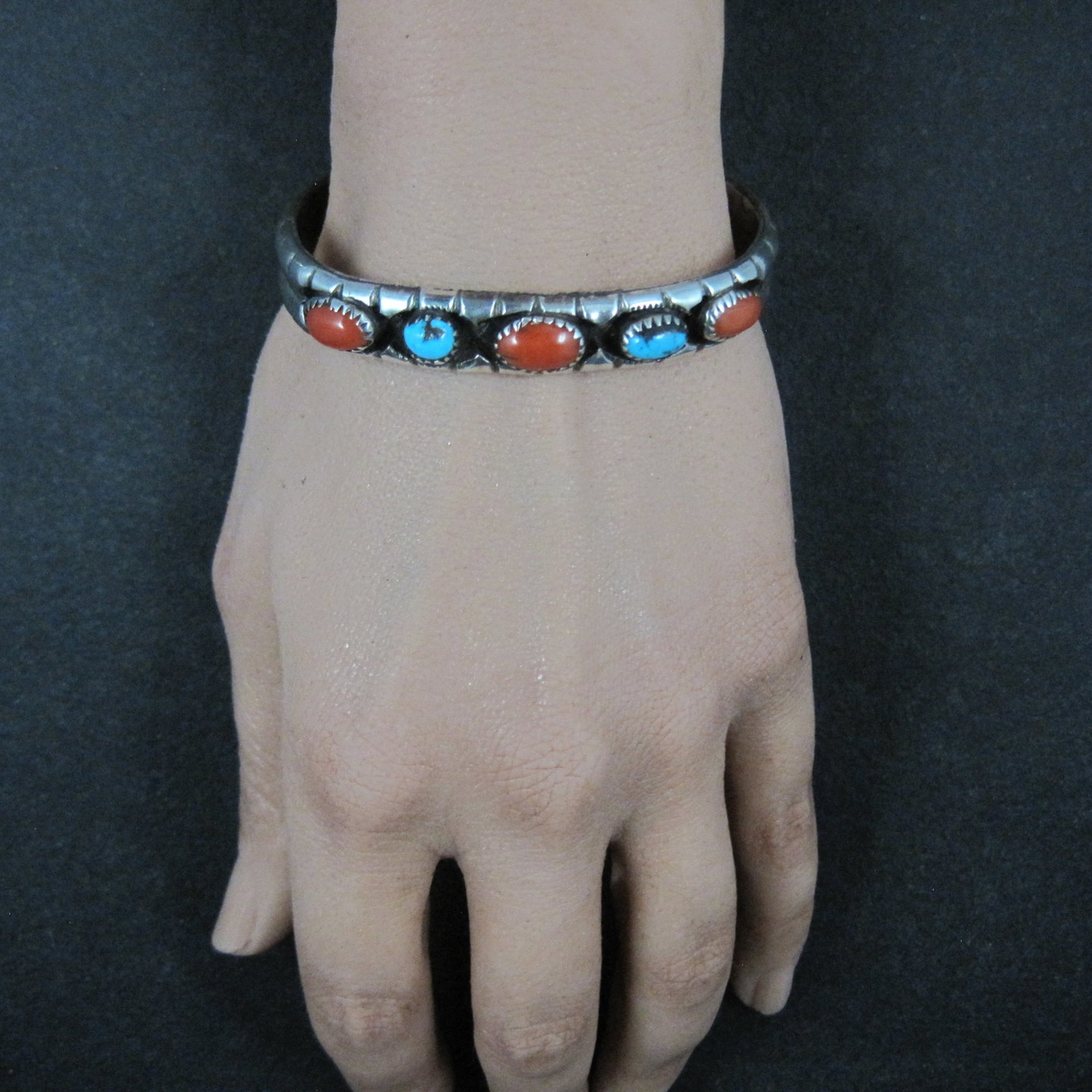 Vintage Navajo Turquoise and Coral Cuff Bracelet Sterling Silver 6.25" Eunice Claw