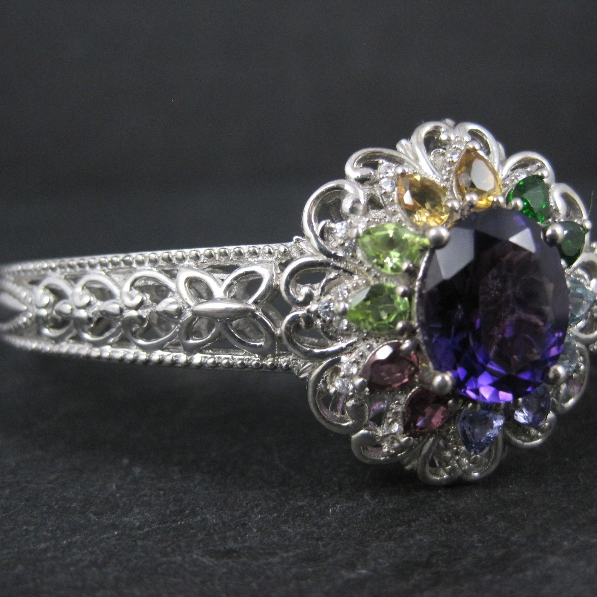 Filigree Gemstone Cuff Bracelet Sterling Silver 6.25" 