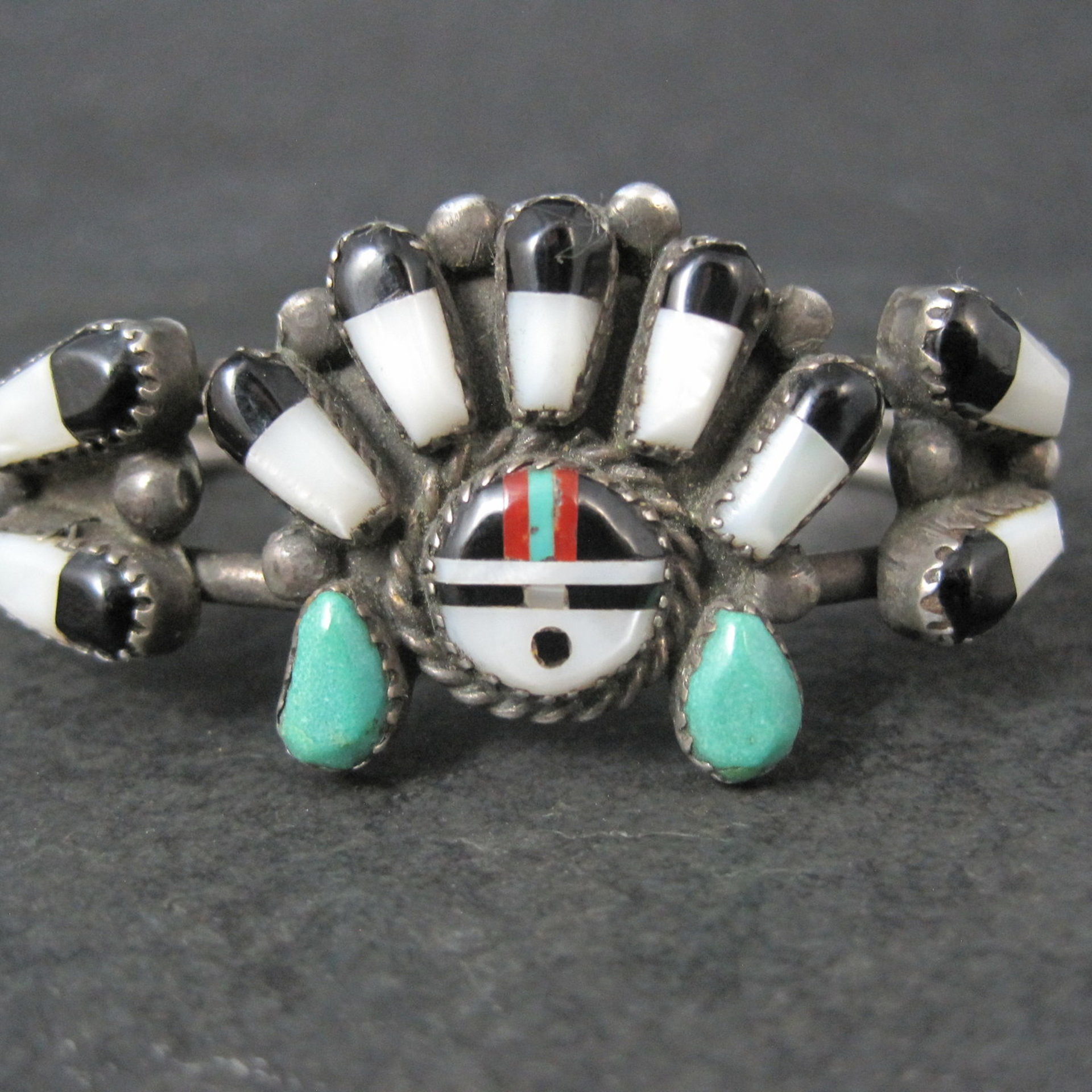 Vintage Southwestern Sterling Inlaid Sunface Cuff Bracelet 6.25"