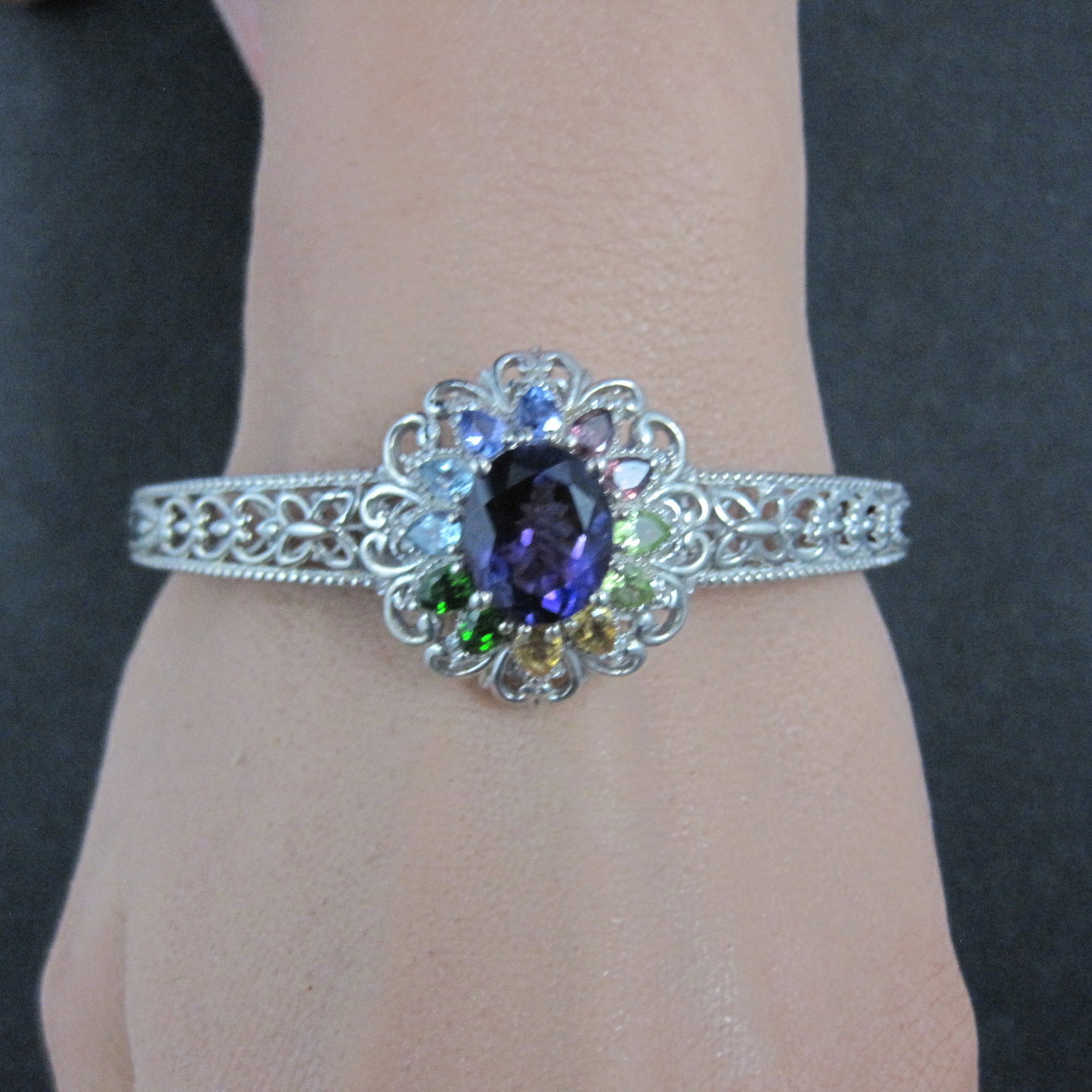 Filigree Gemstone Cuff Bracelet Sterling Silver 6.25" 