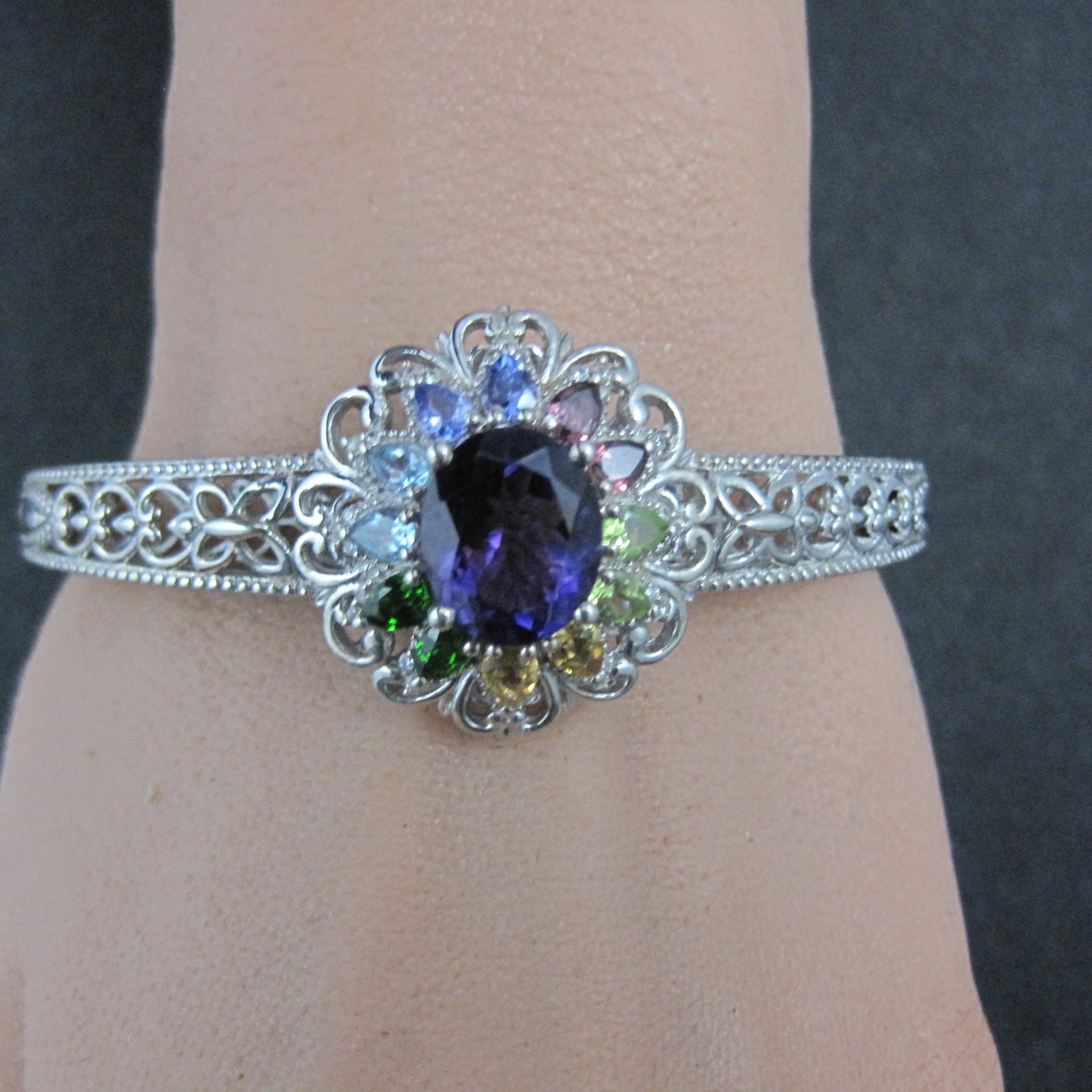 Filigree Gemstone Cuff Bracelet Sterling Silver 6.25" 