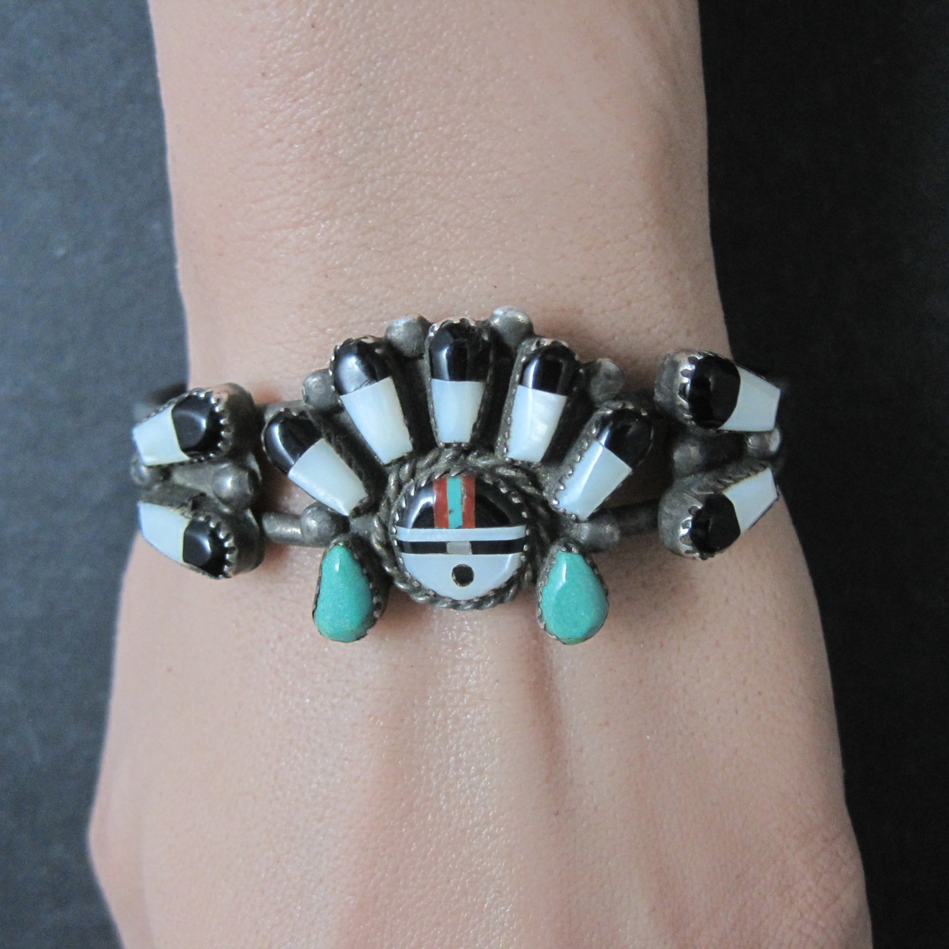 Vintage Southwestern Sterling Inlaid Sunface Cuff Bracelet 6.25"