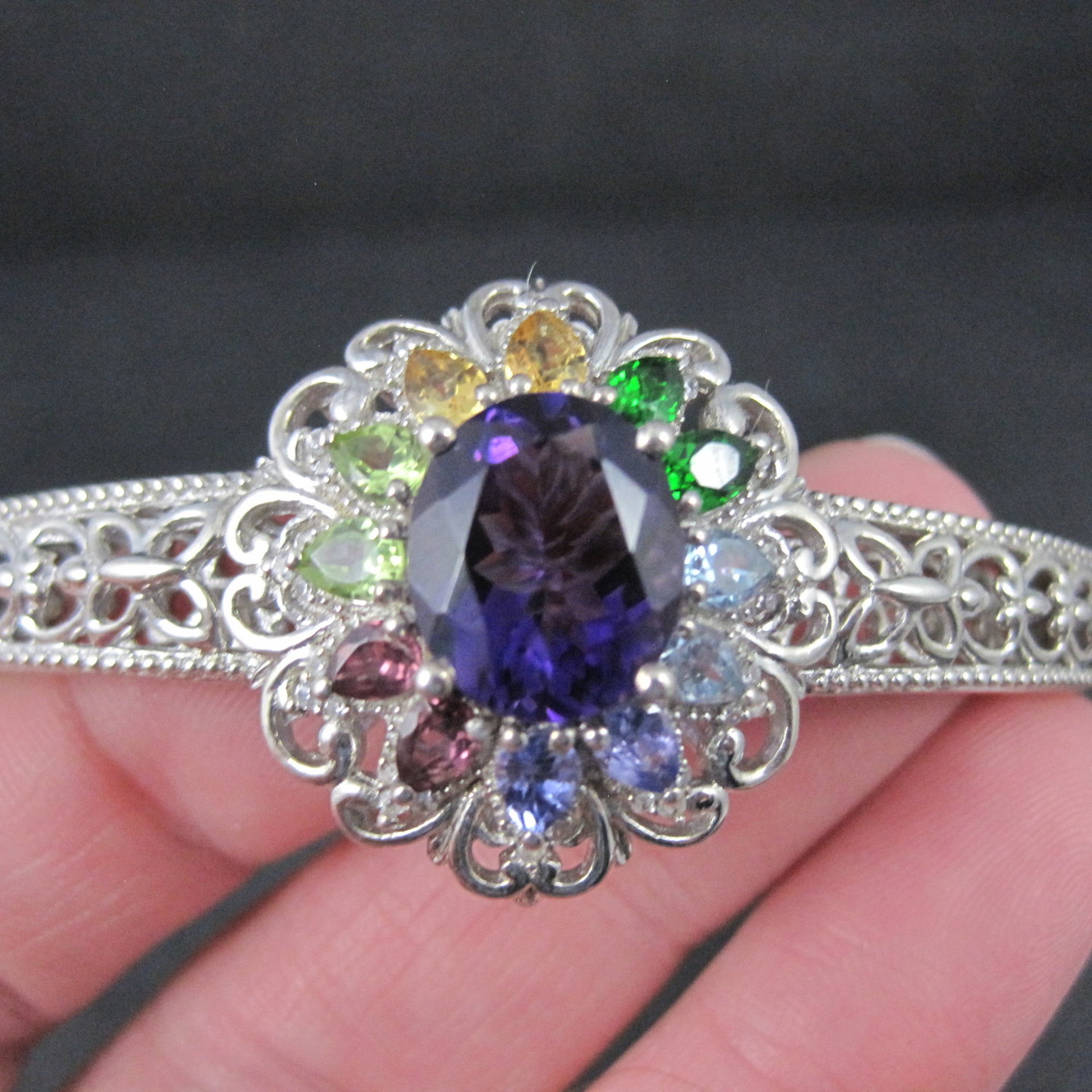 Filigree Gemstone Cuff Bracelet Sterling Silver 6.25" 