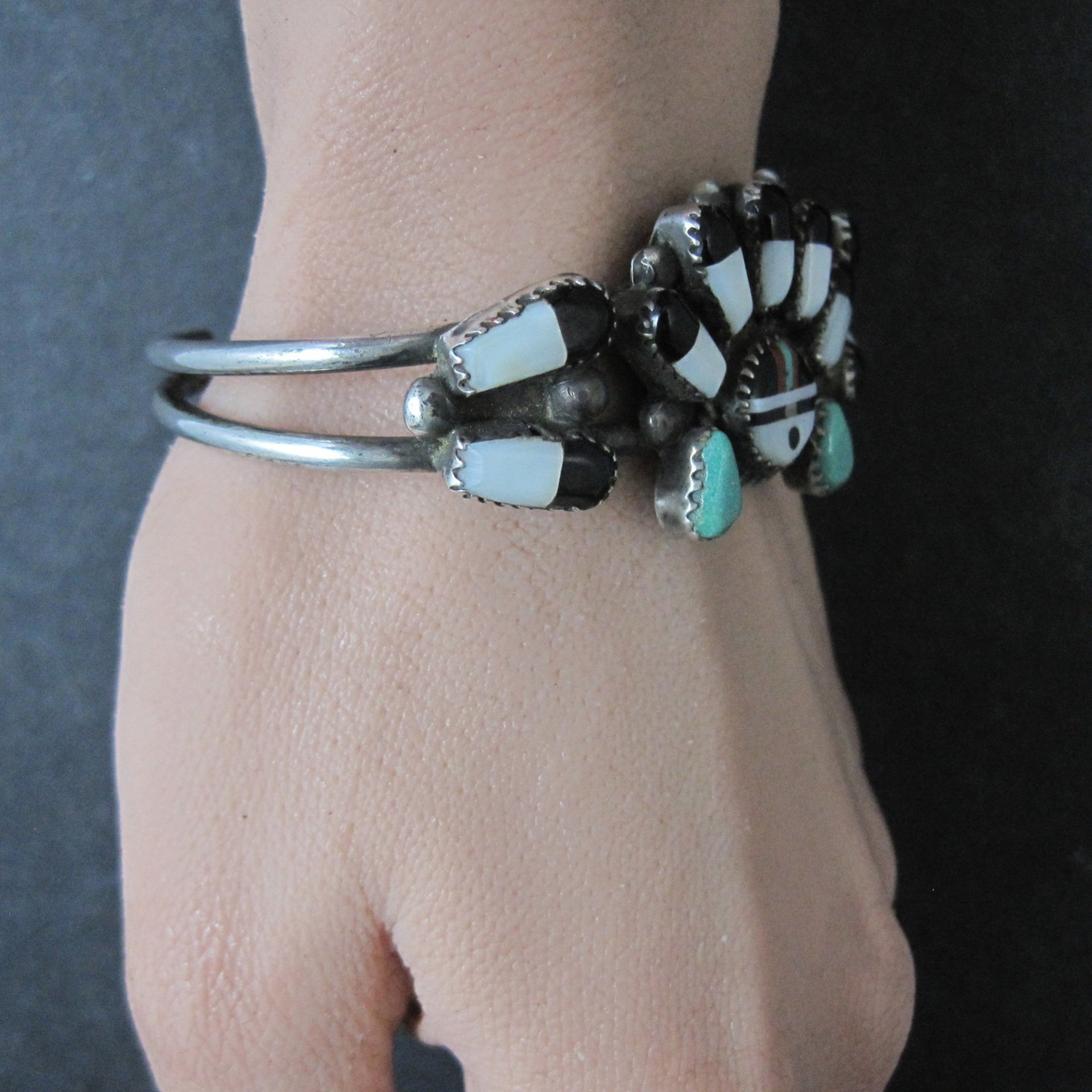Vintage Southwestern Sterling Inlaid Sunface Cuff Bracelet 6.25"