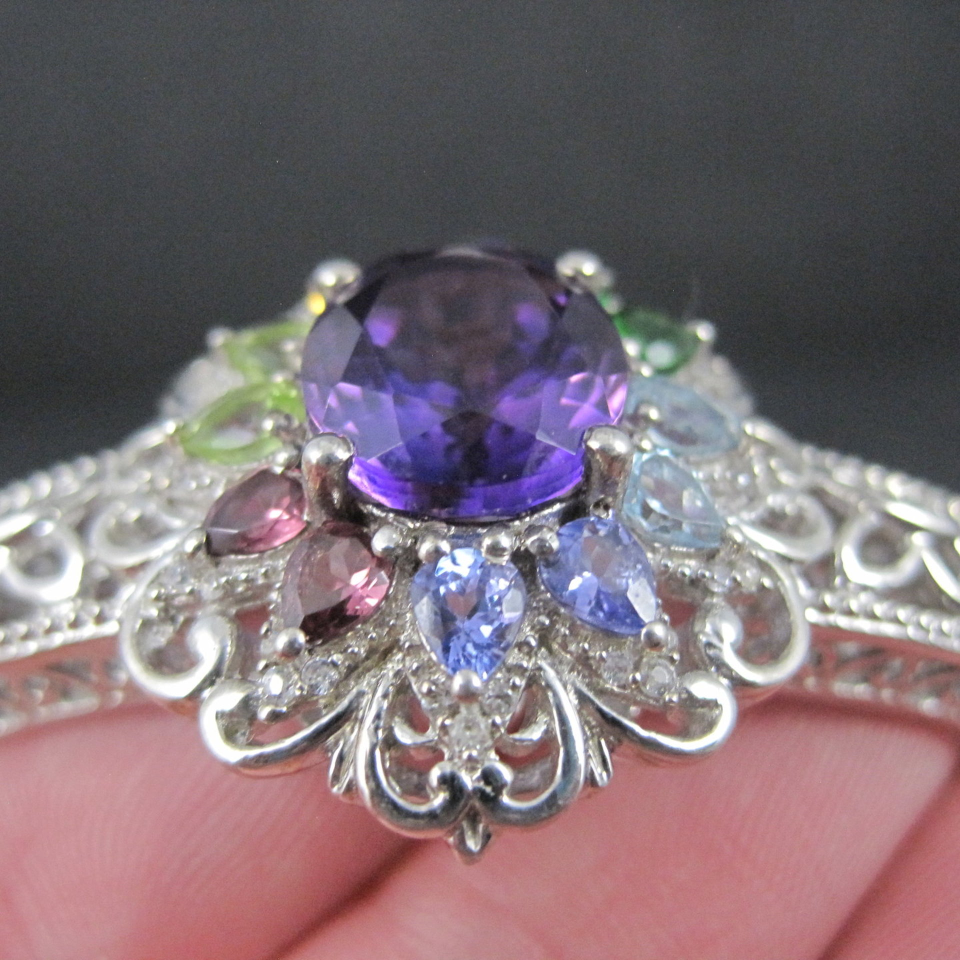 Filigree Gemstone Cuff Bracelet Sterling Silver 6.25" 