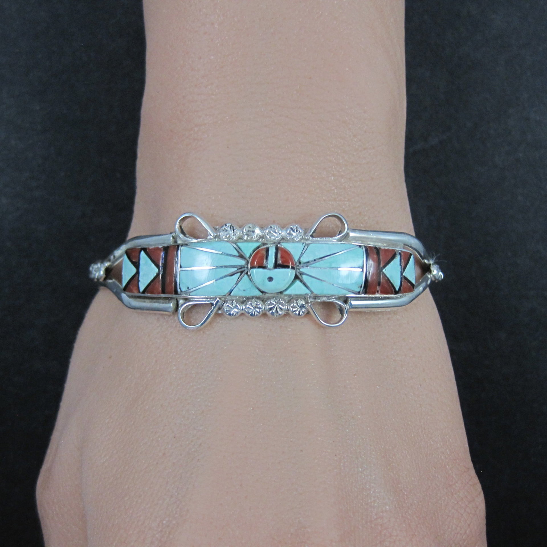 Dainty Zuni Sunface Inlay Cuff Bracelet 6.5 Inches