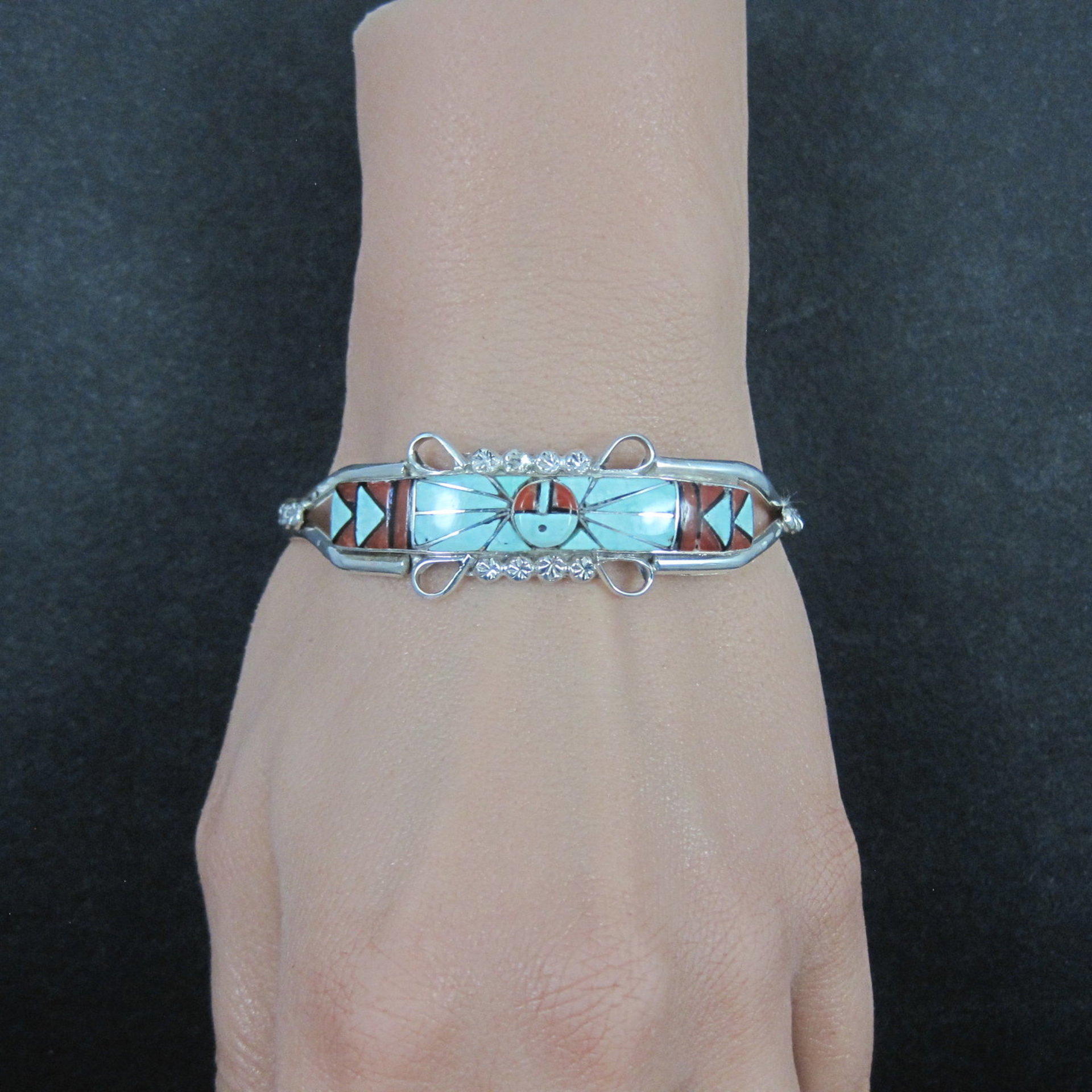 Dainty Zuni Sunface Inlay Cuff Bracelet 6.5 Inches