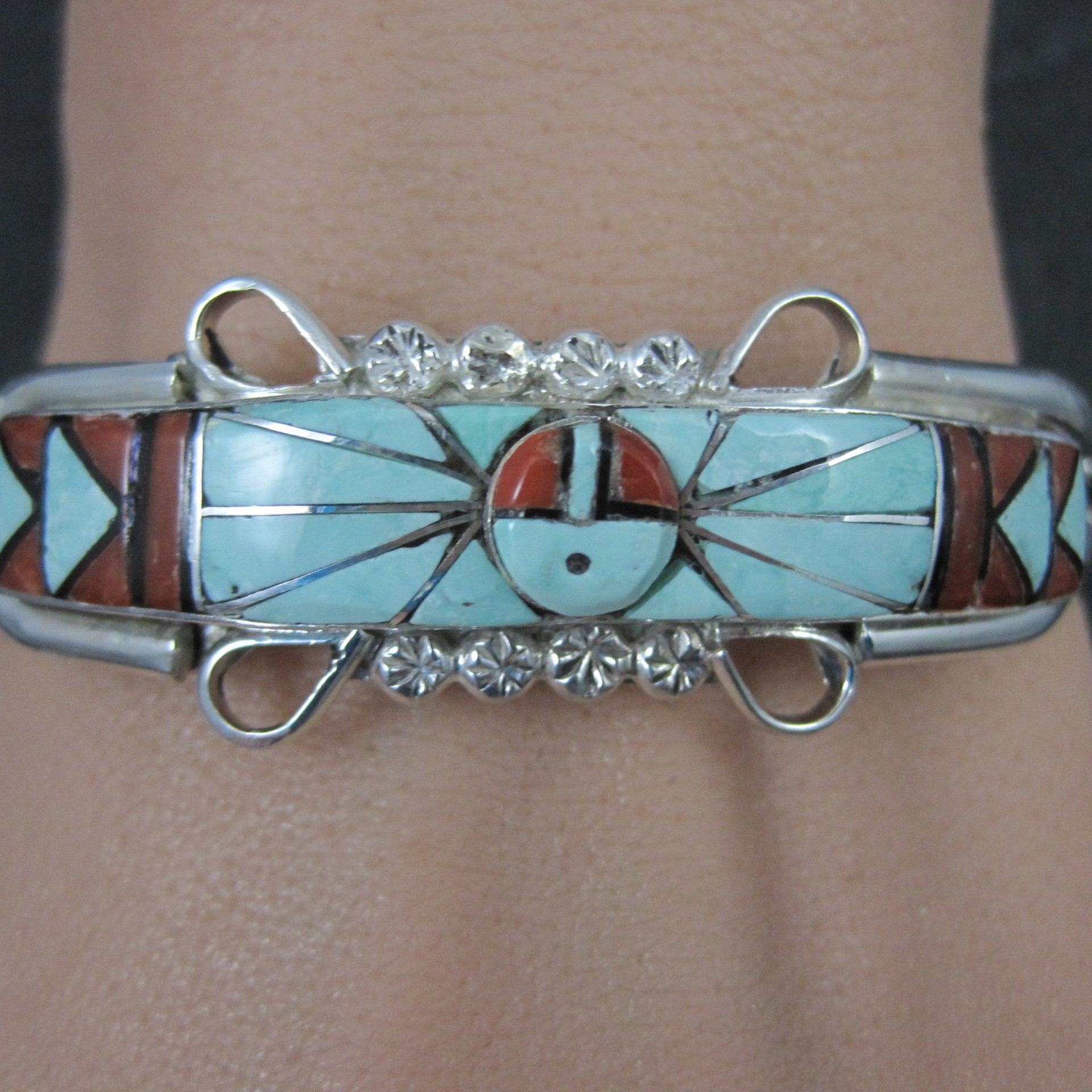 Dainty Zuni Sunface Inlay Cuff Bracelet 6.5 Inches
