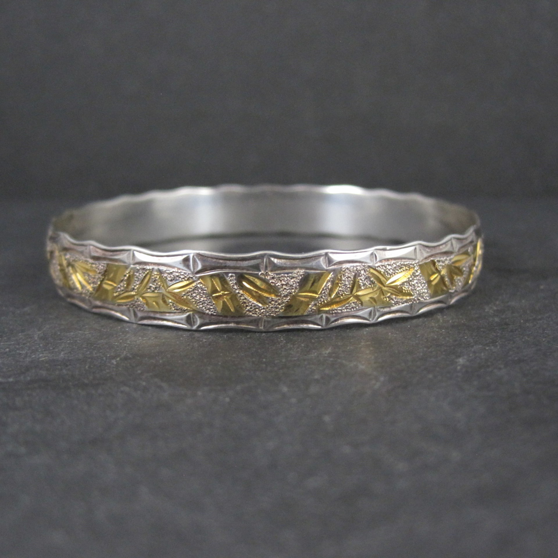 Sterling Silver and 8K Bamboo Bangle Bracelet 7.5 Inches
