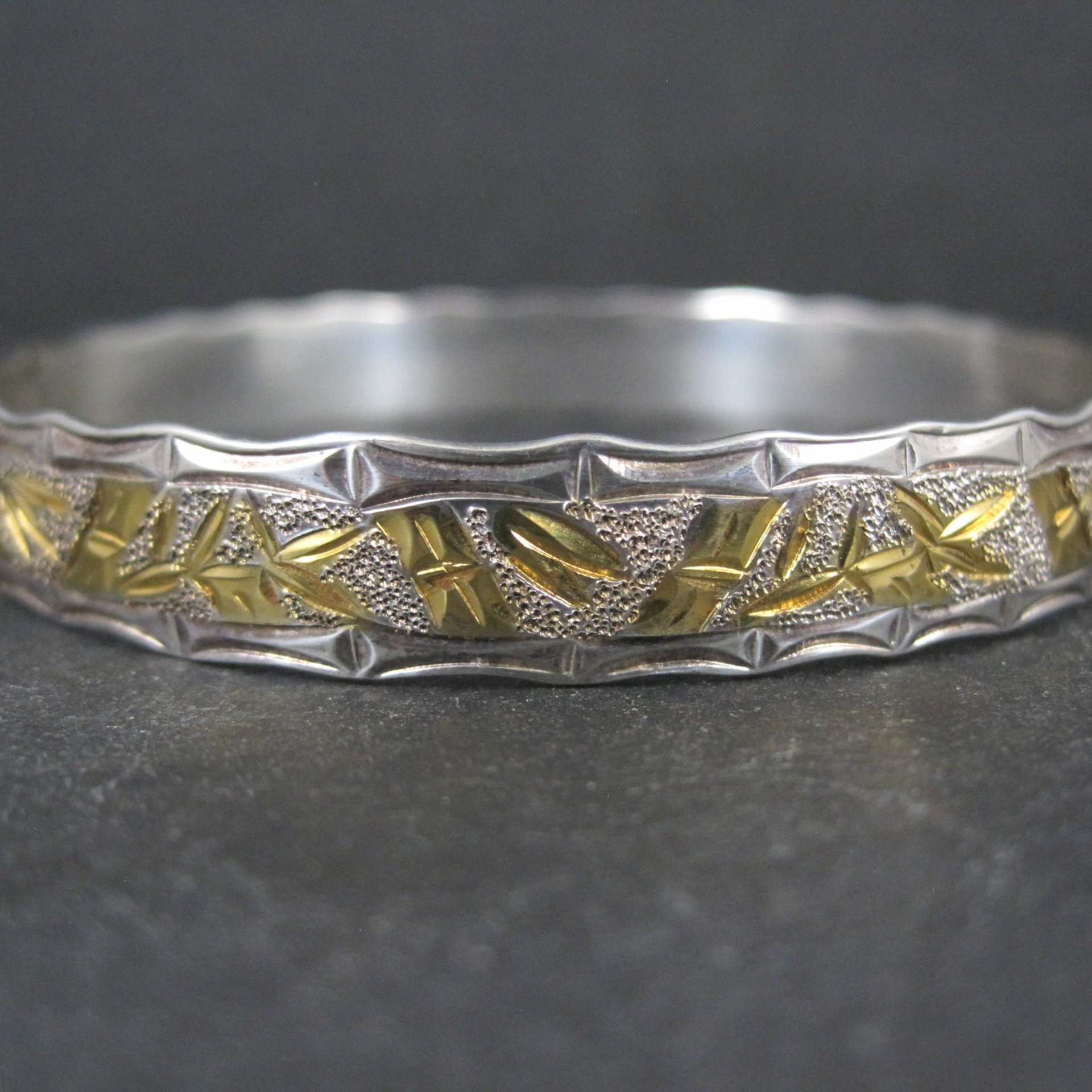Sterling Silver and 8K Bamboo Bangle Bracelet 7.5 Inches