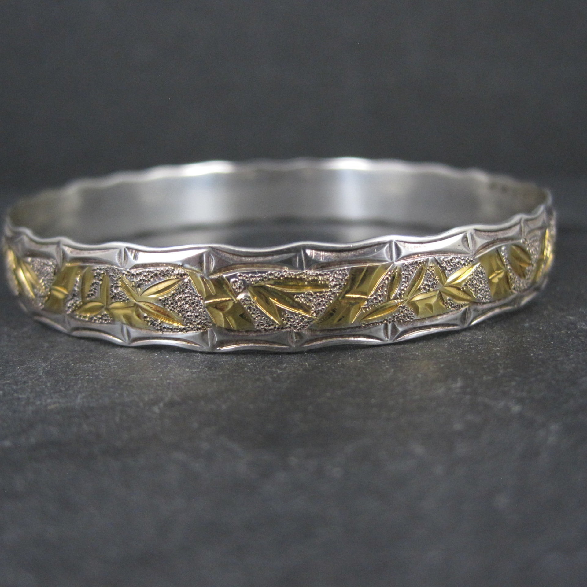 Sterling Silver and 8K Bamboo Bangle Bracelet 7.5 Inches